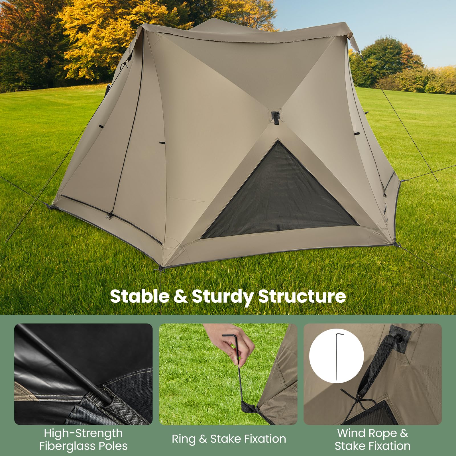 Goplus Pop-up Camping Tent for 4/5/6 Person, 6-Sided Family Tent w/Rainfly, Skylight, 3 Doors - Image 5