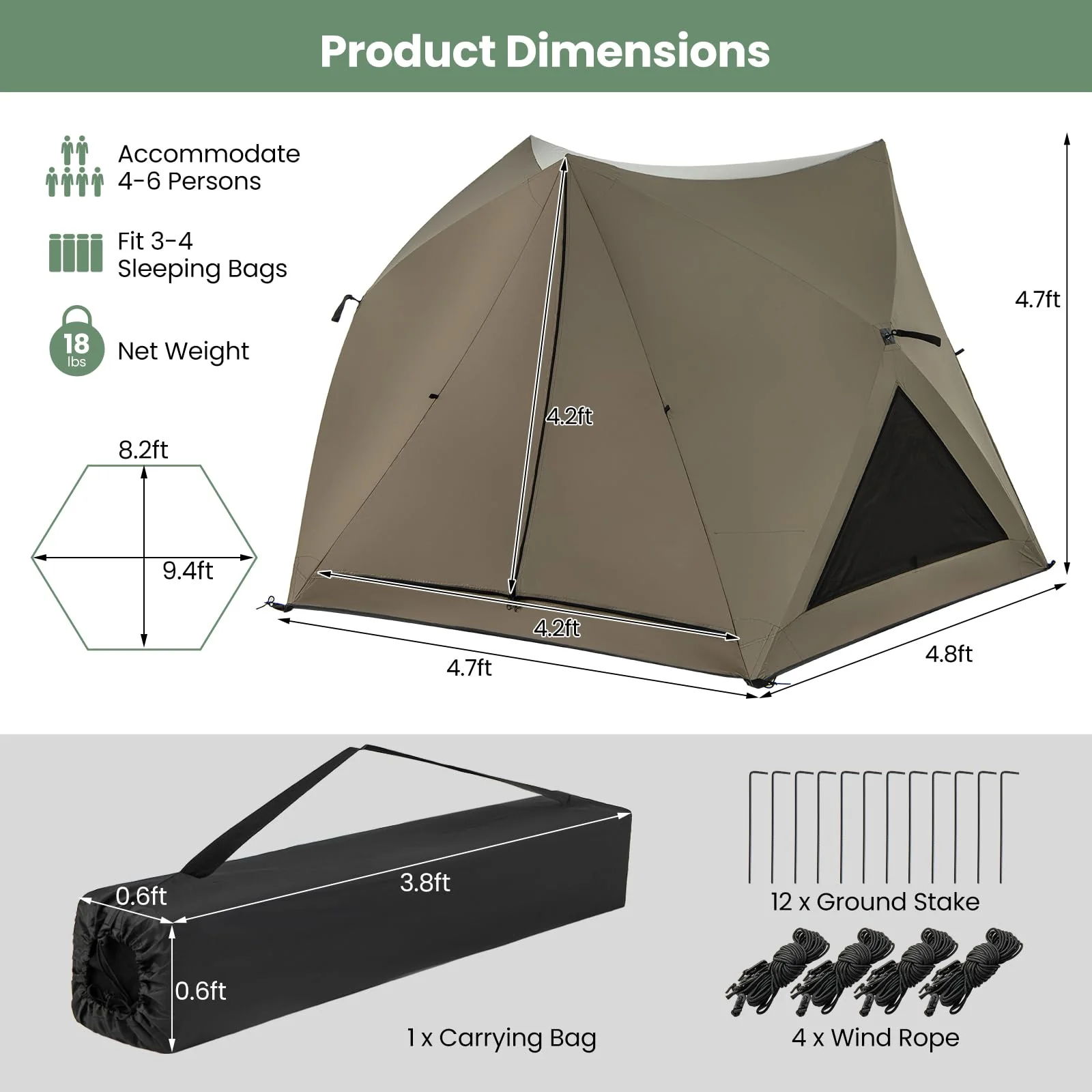 Goplus Pop-up Camping Tent for 4/5/6 Person, 6-Sided Family Tent w/Rainfly, Skylight, 3 Doors - Image 6