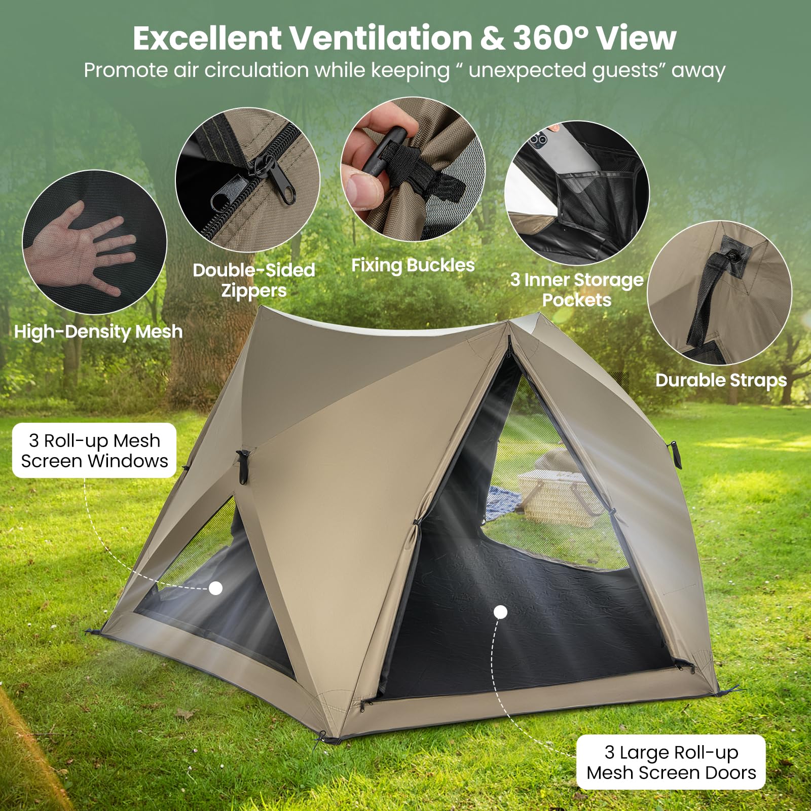 Goplus Pop-up Camping Tent for 4/5/6 Person, 6-Sided Family Tent w/Rainfly, Skylight, 3 Doors - Image 7