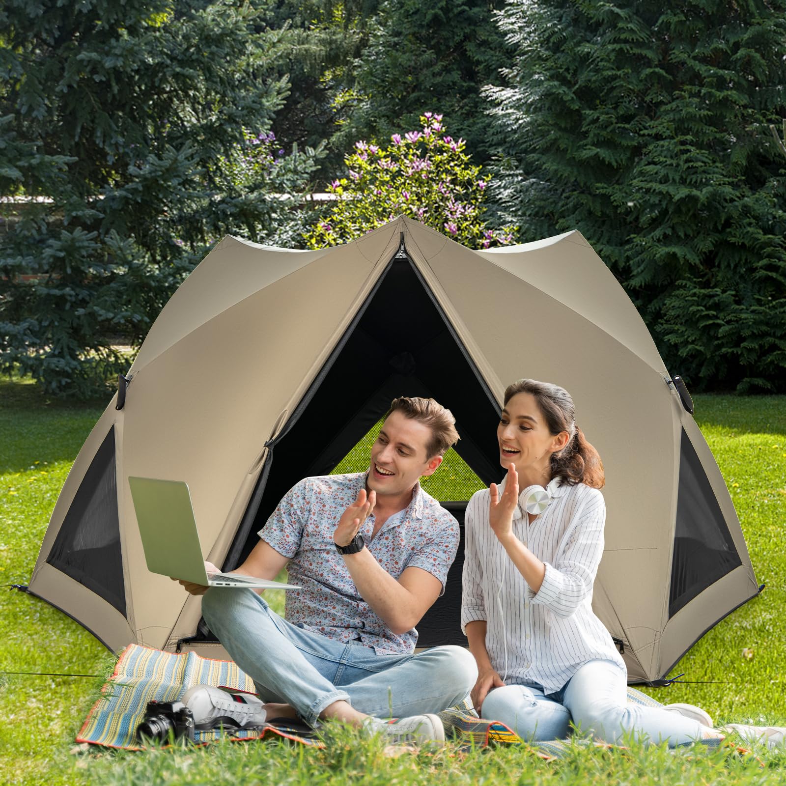 Goplus Pop-up Camping Tent for 4/5/6 Person, 6-Sided Family Tent w/Rainfly, Skylight, 3 Doors - Image 9