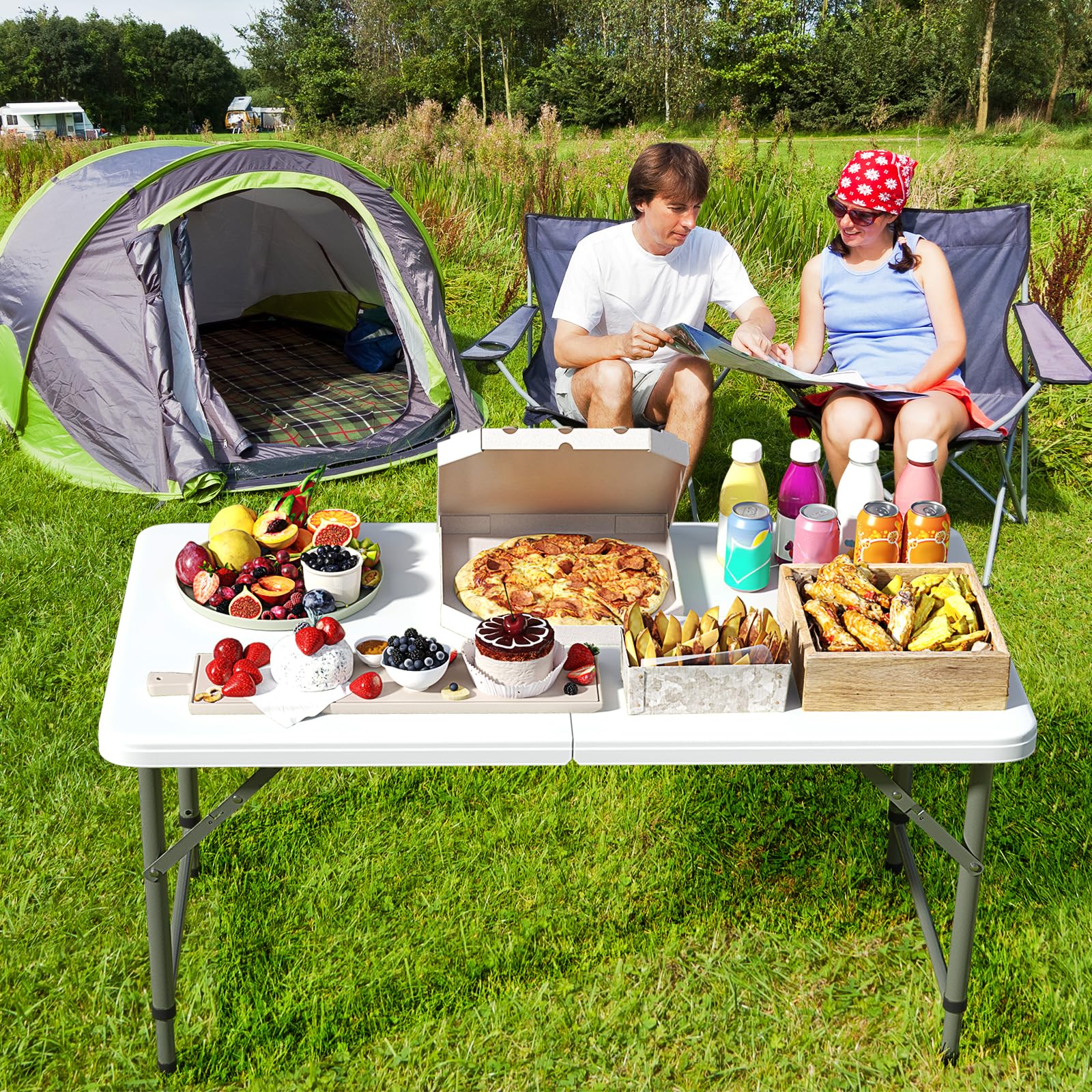 Goplus Portable 4 Foot Plastic Folding Table, 400 LBS Indoor Outdoor Heavy Duty Adjustable Folding Tables with HDPE Tabletop - Image 2