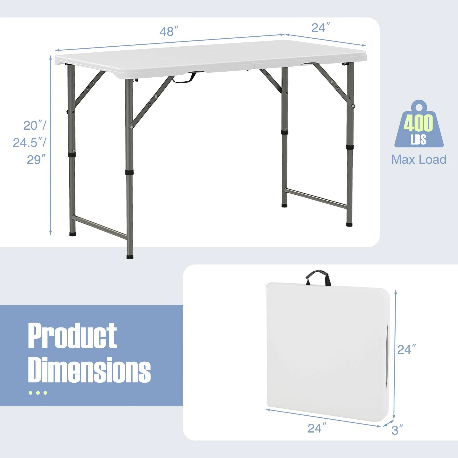 Goplus Portable 4 Foot Plastic Folding Table, 400 LBS Indoor Outdoor Heavy Duty Adjustable Folding Tables with HDPE Tabletop - Image 3