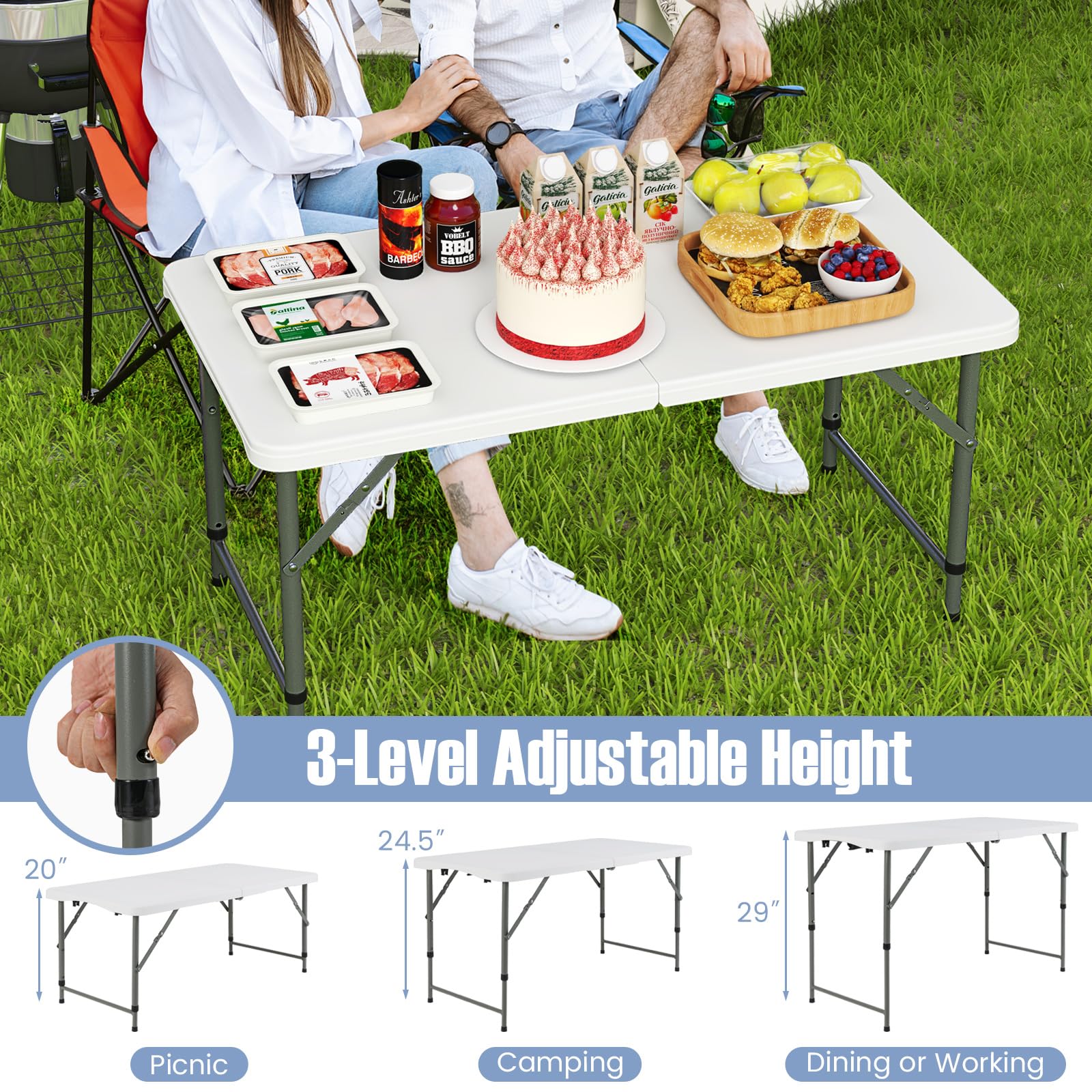 Goplus Portable 4 Foot Plastic Folding Table, 400 LBS Indoor Outdoor Heavy Duty Adjustable Folding Tables with HDPE Tabletop - Image 4