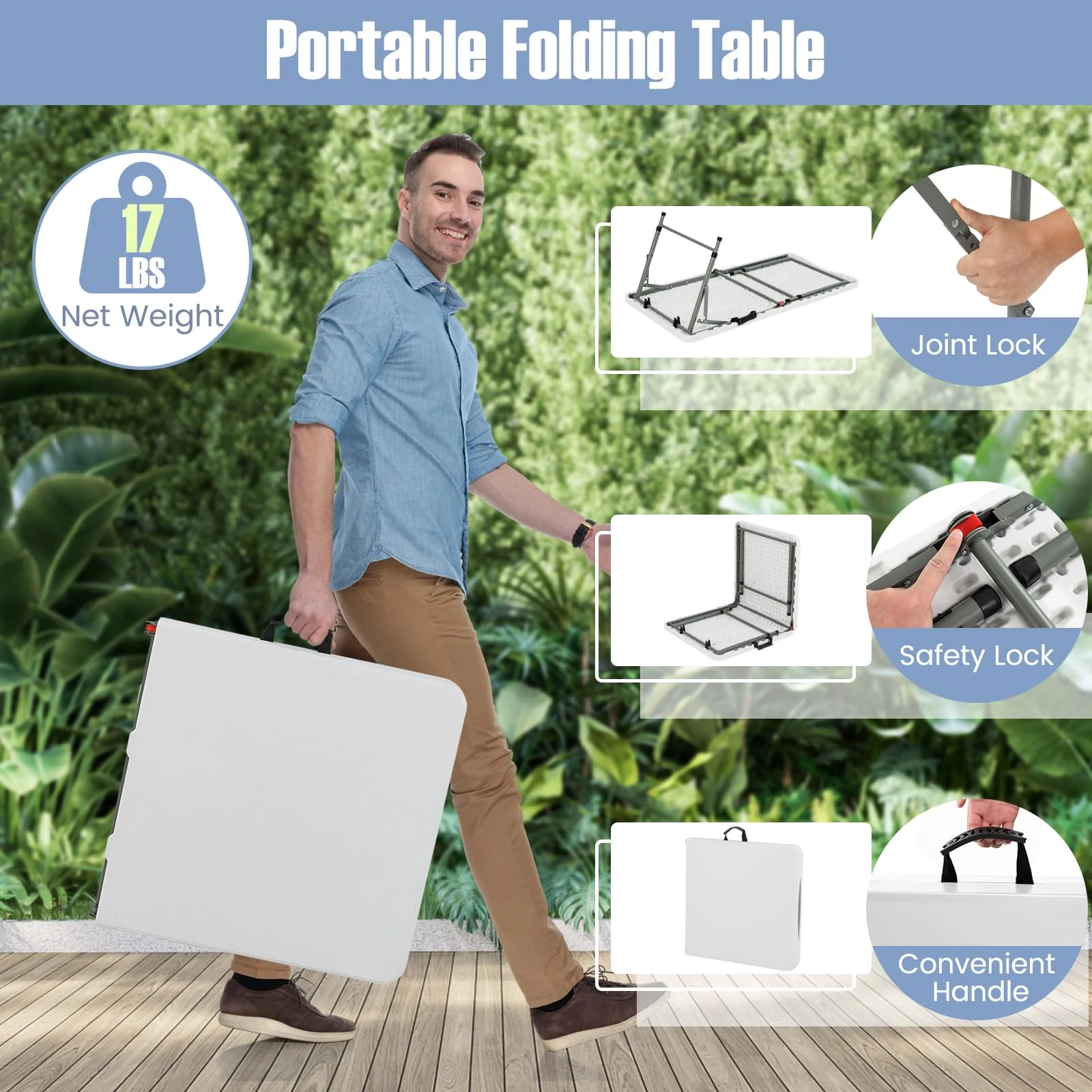 Goplus Portable 4 Foot Plastic Folding Table, 400 LBS Indoor Outdoor Heavy Duty Adjustable Folding Tables with HDPE Tabletop - Image 6