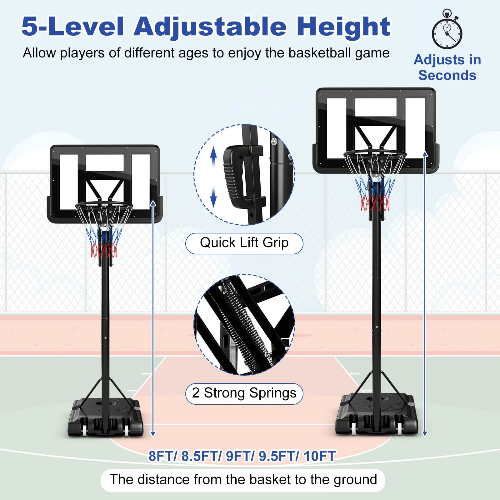 Goplus Portable Basketball Hoop, 8 to 10ft 5-Level Height Adjustable Basketball Goal Hoop Stand - Image 3