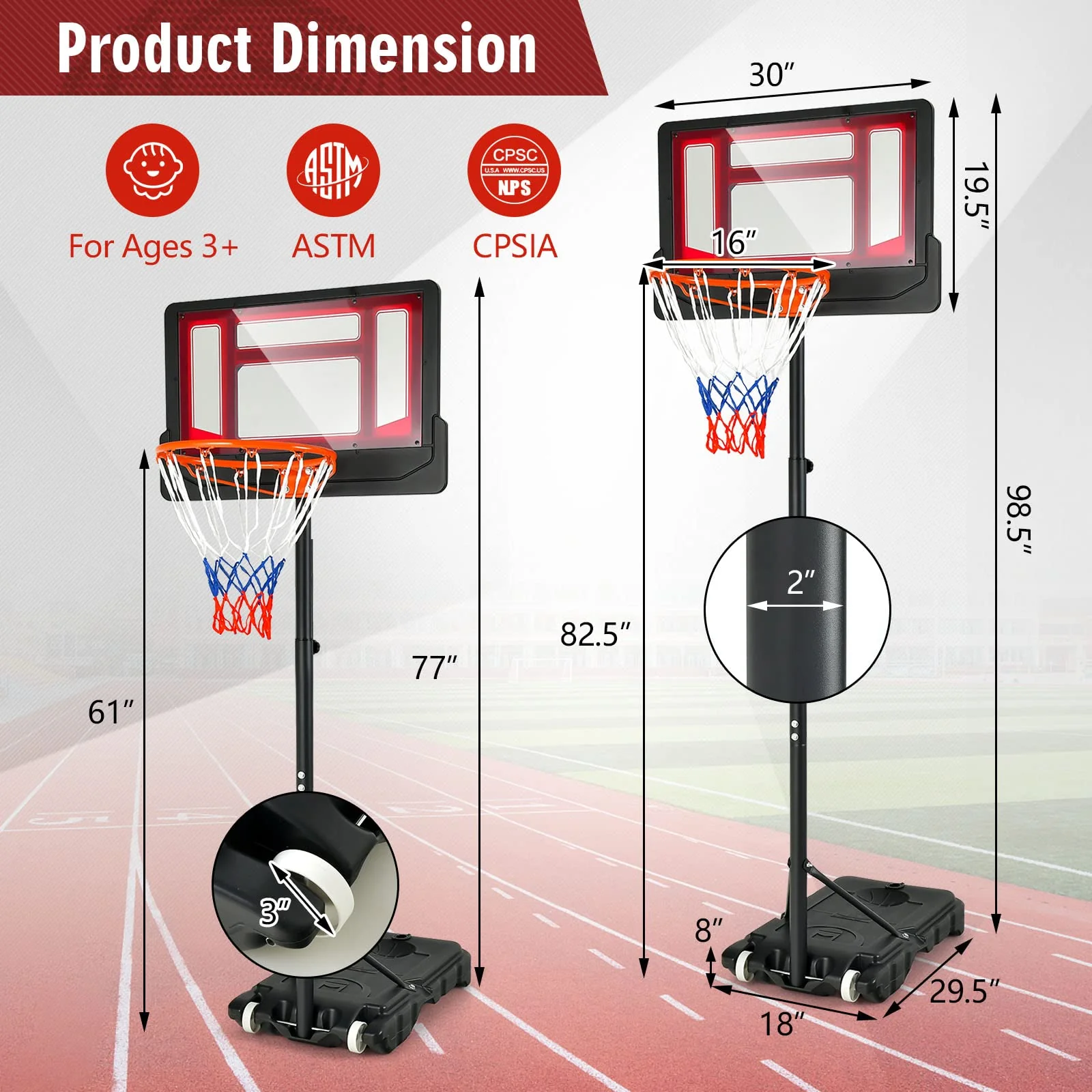 Goplus Portable Basketball Hoop, Basketball Goal with 4.3 FT-8.2 FT Adjustable Height - Image 3