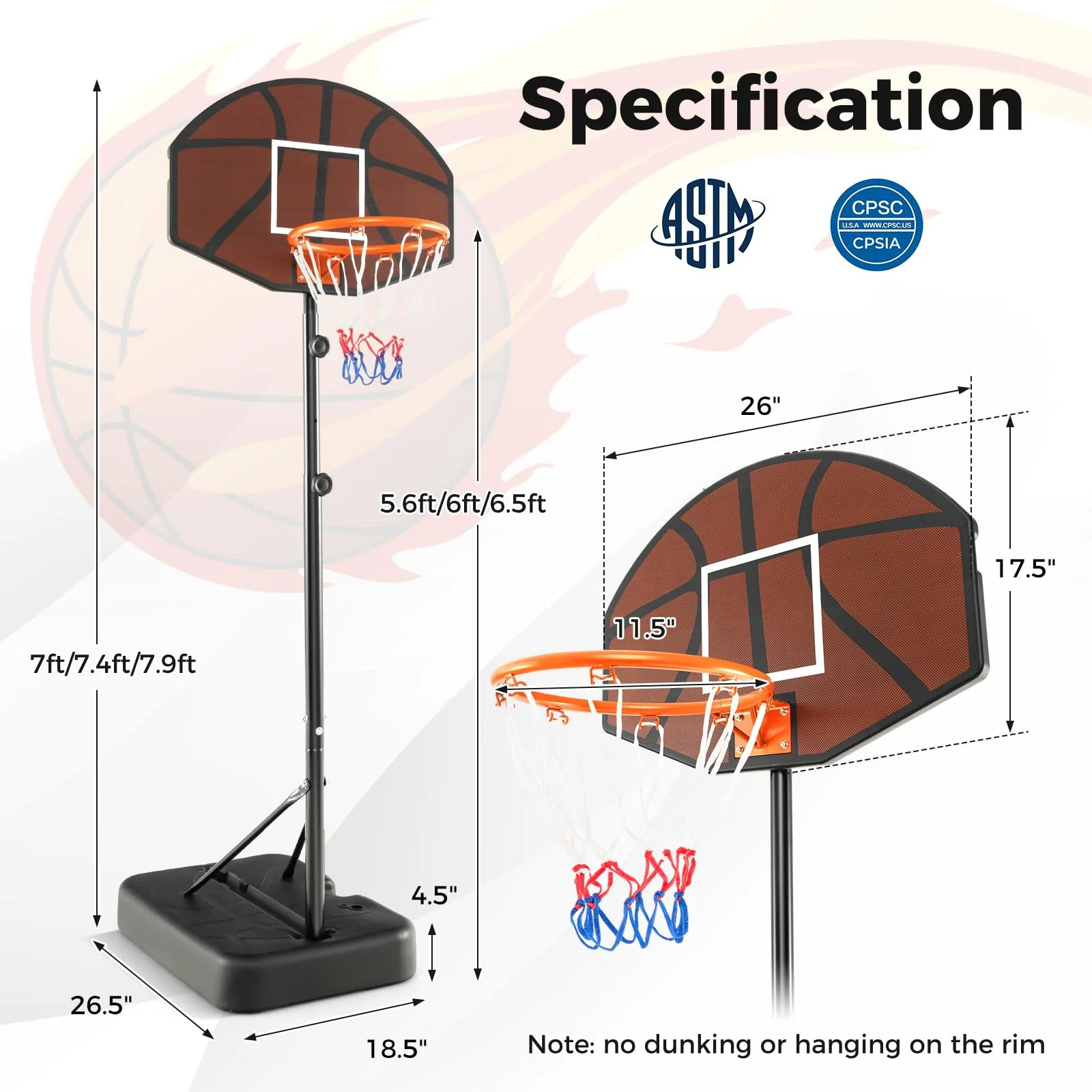 Goplus Portable Basketball Hoop Outdoor, 5.6-6.5 FT Height Adjustable Basketball Goal System with Shatterproof Backboard - Image 7