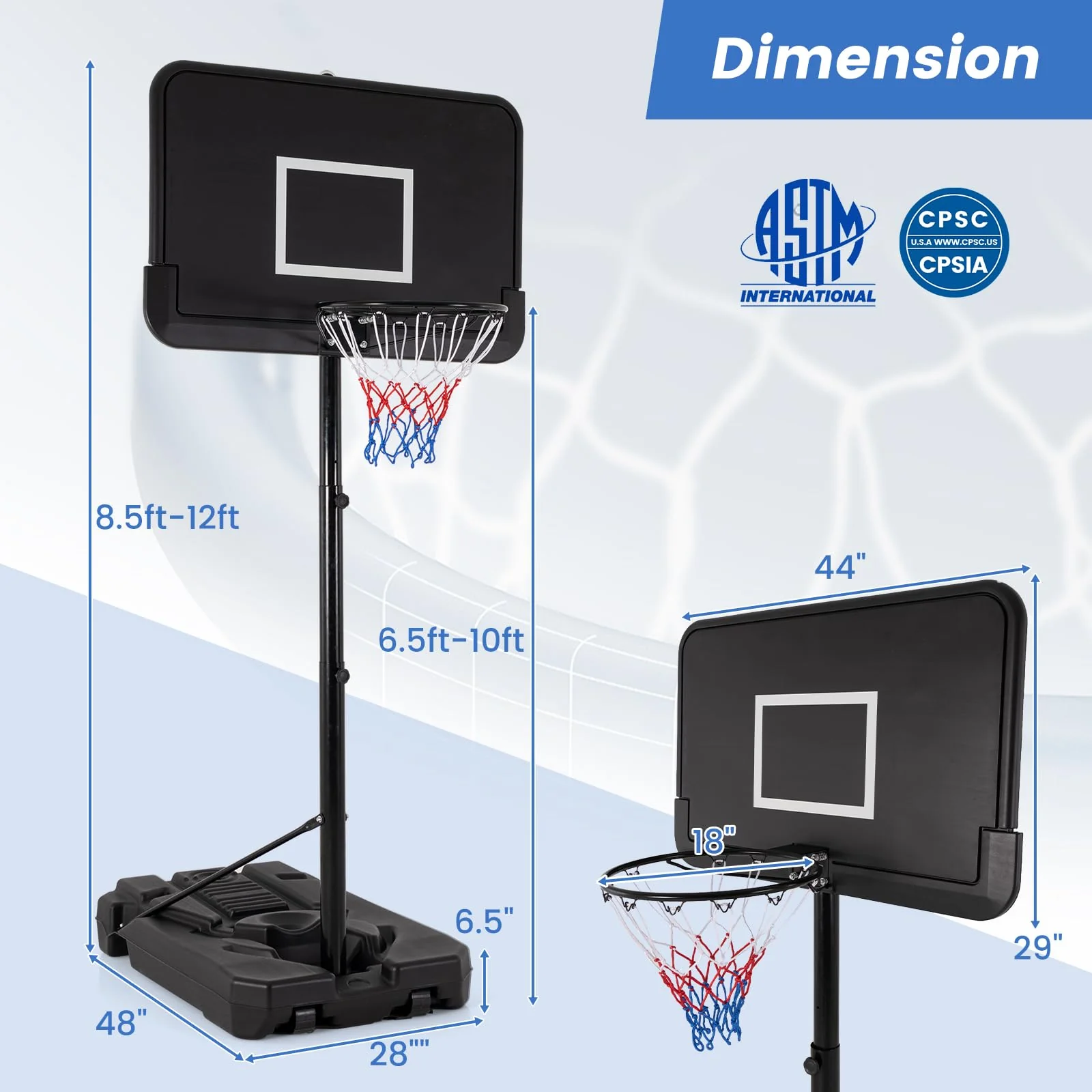 Goplus Portable Basketball Hoop Outdoor, 6.5-10FT Adjustable Basketball Goal System w/44-Inch Shatterproof Backboard - Image 8