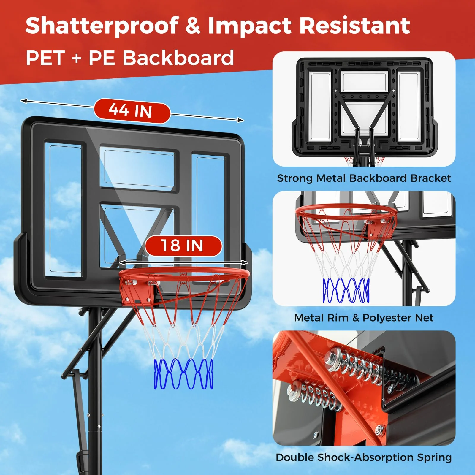 Goplus Portable Basketball Hoop Outdoor, 7.9-10 FT Basketball Goal System w/ 44 Inch Shatterproof Backboard - Image 4