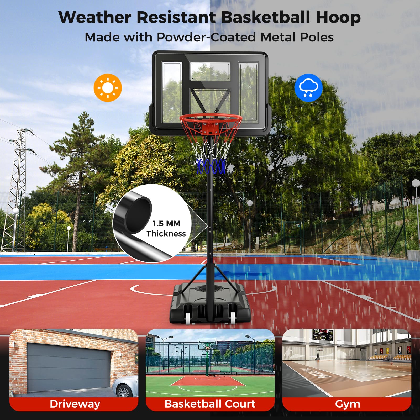 Goplus Portable Basketball Hoop Outdoor, 7.9-10 FT Basketball Goal System w/ 44 Inch Shatterproof Backboard - Image 6