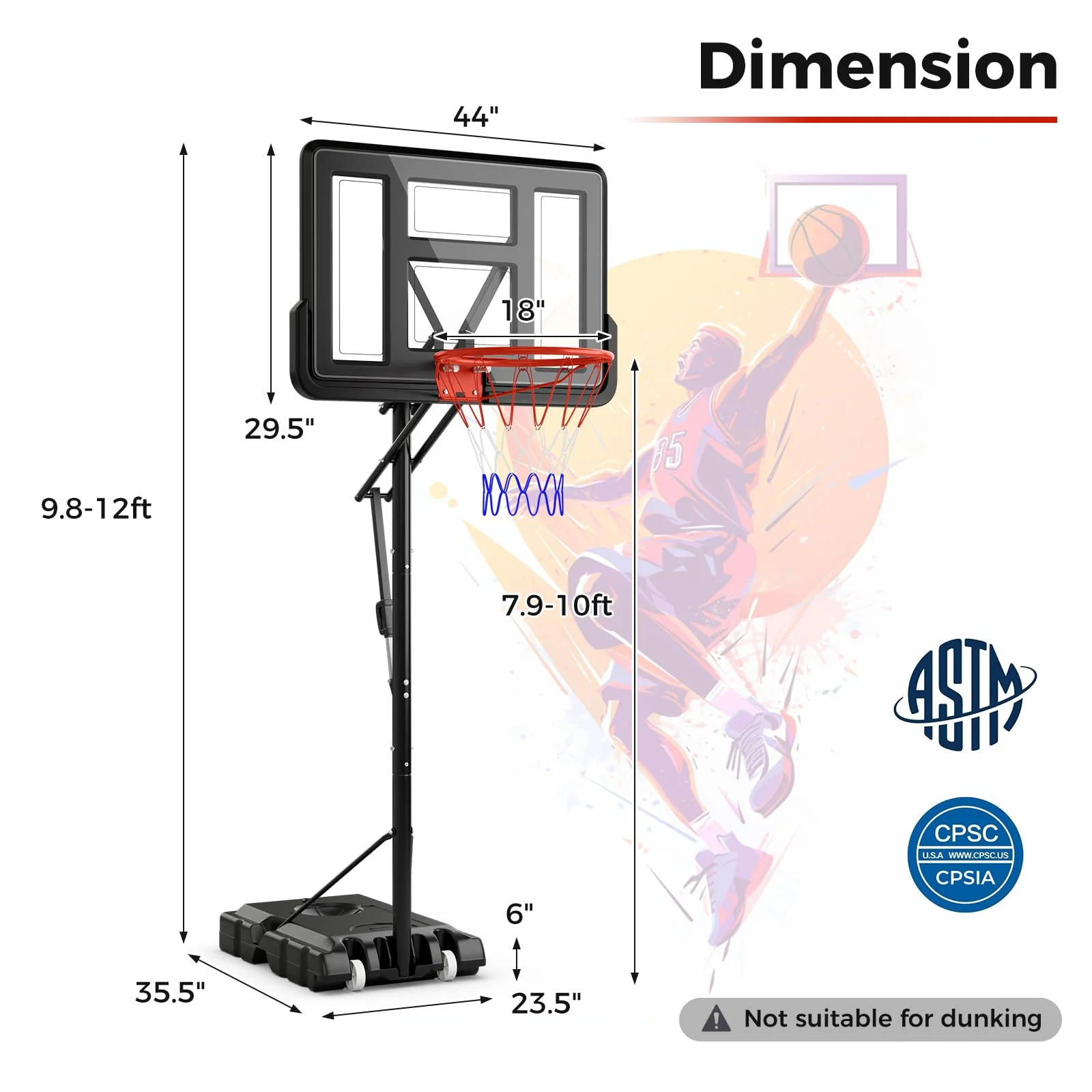 Goplus Portable Basketball Hoop Outdoor, 7.9-10 FT Basketball Goal System w/ 44 Inch Shatterproof Backboard - Image 7