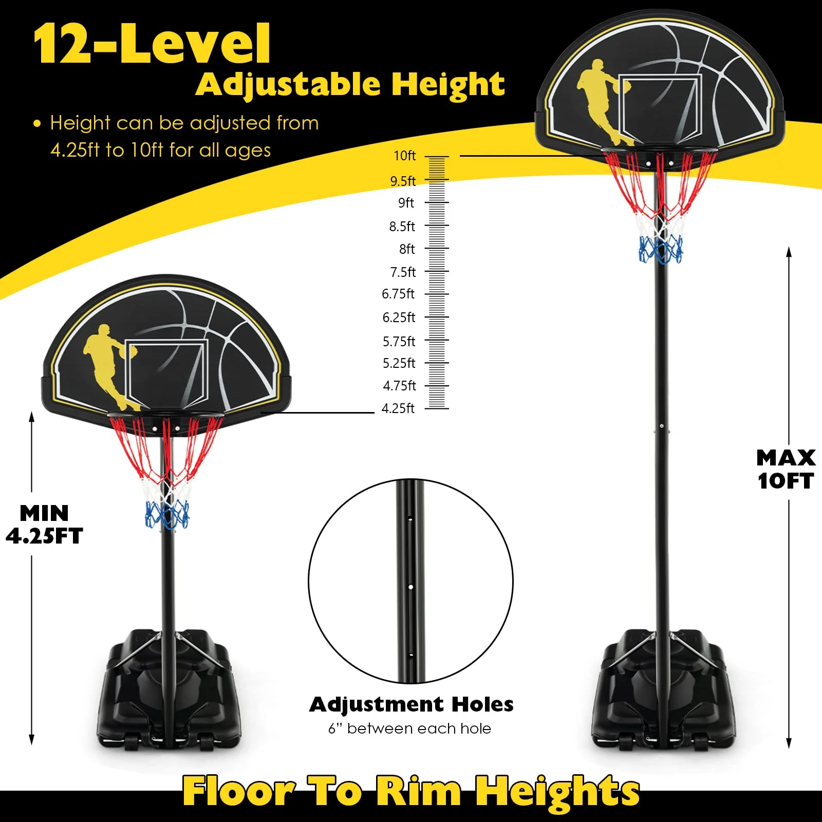 Goplus Portable Basketball Hoop Outdoor Indoor, 4.25-10FT 12-Level Adjustable Basketball Goal - Image 4