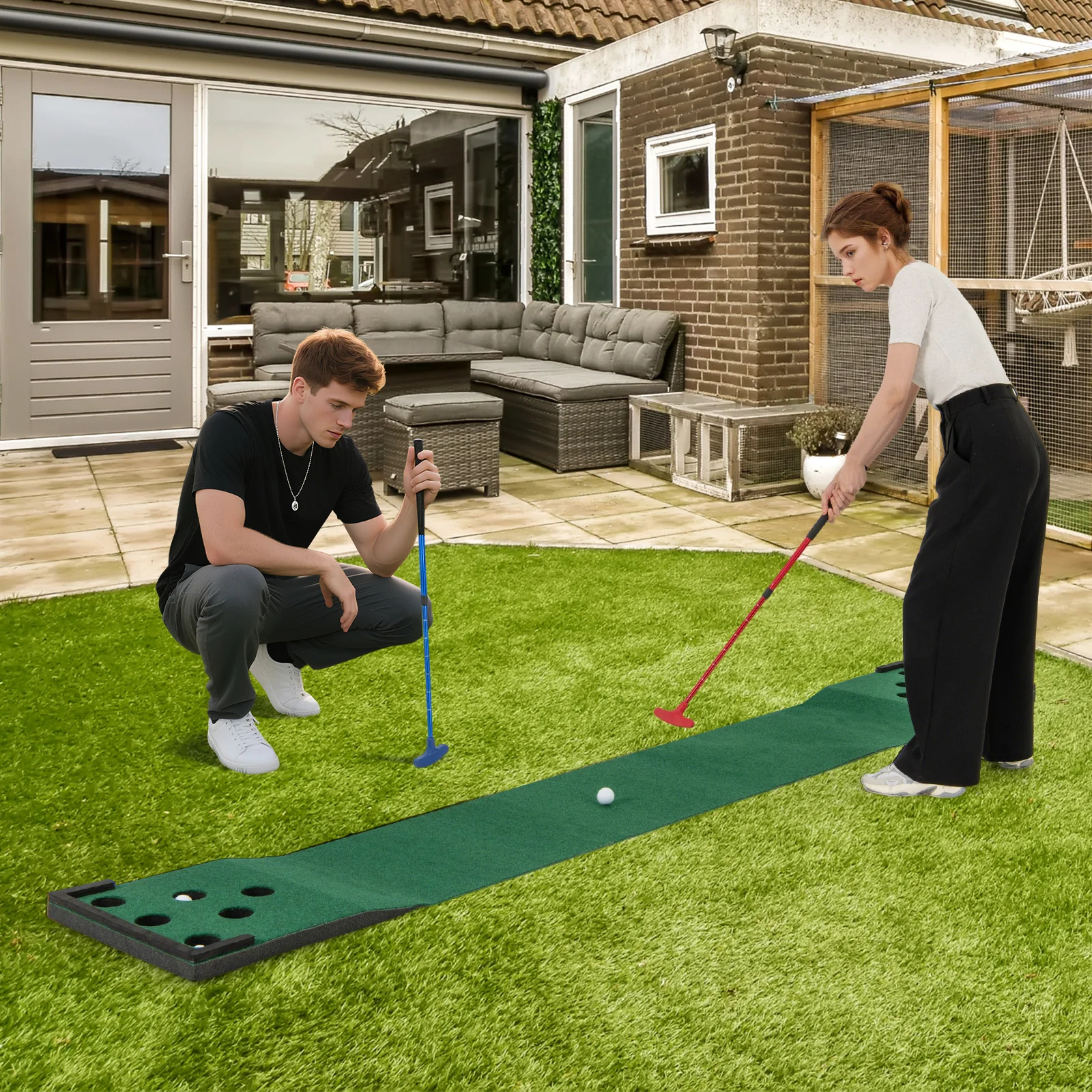 Goplus Portable Golf Putting Mat with 2 Adjustable Putters - Image 2