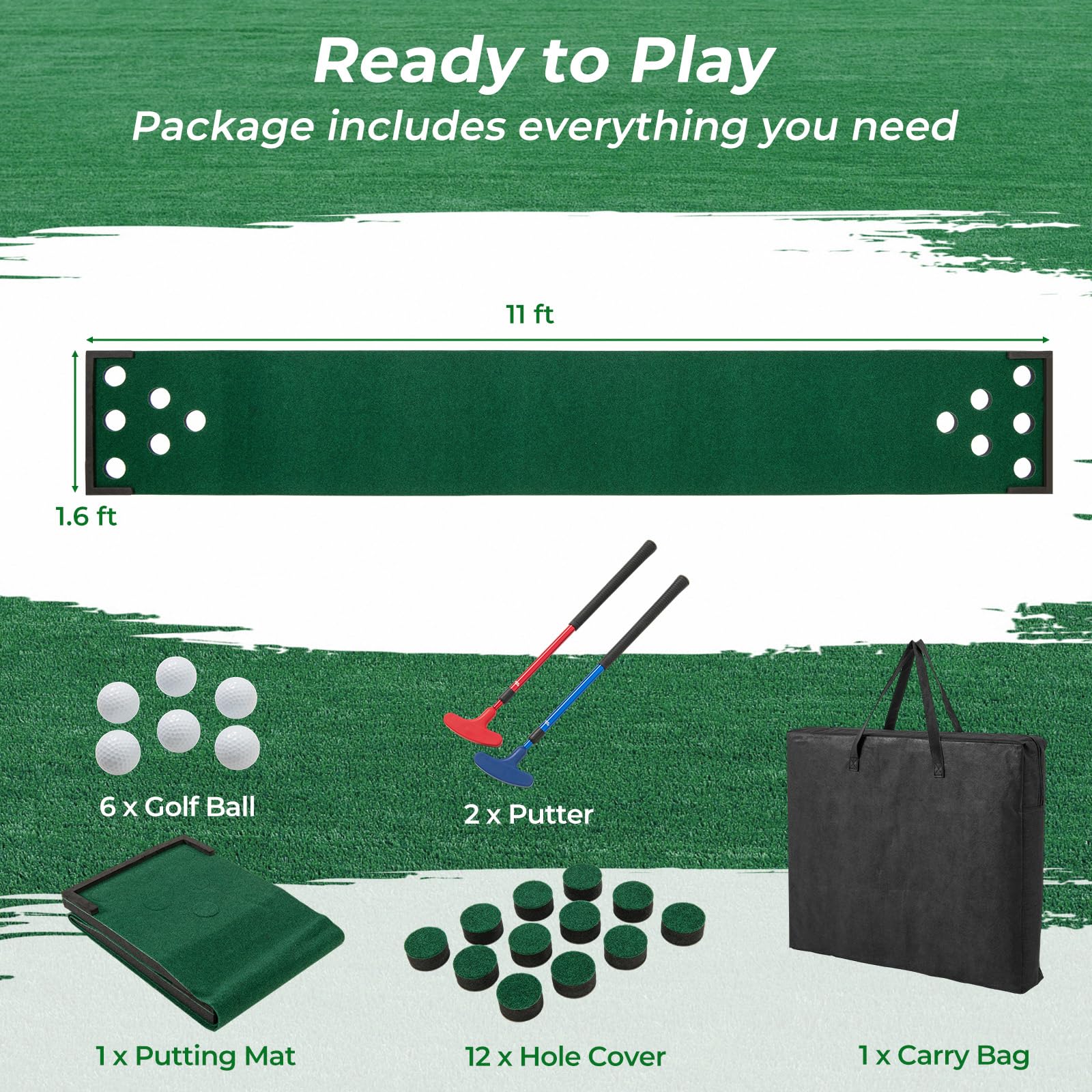 Goplus Portable Golf Putting Mat with 2 Adjustable Putters - Image 3