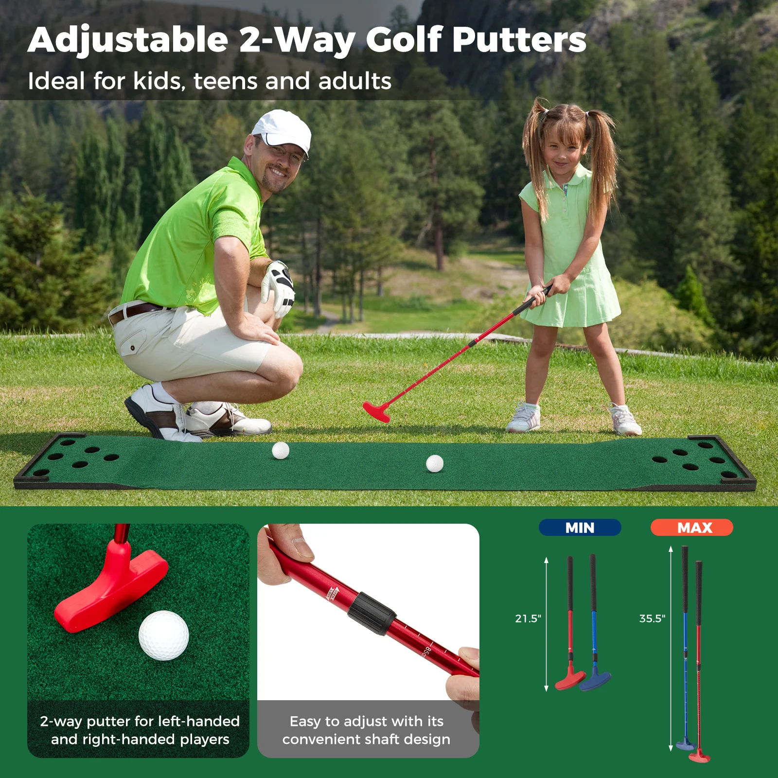 Goplus Portable Golf Putting Mat with 2 Adjustable Putters - Image 8