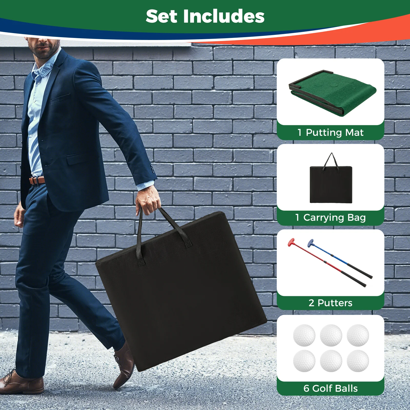 Goplus Portable Golf Putting Mat with 2 Adjustable Putters - Image 9
