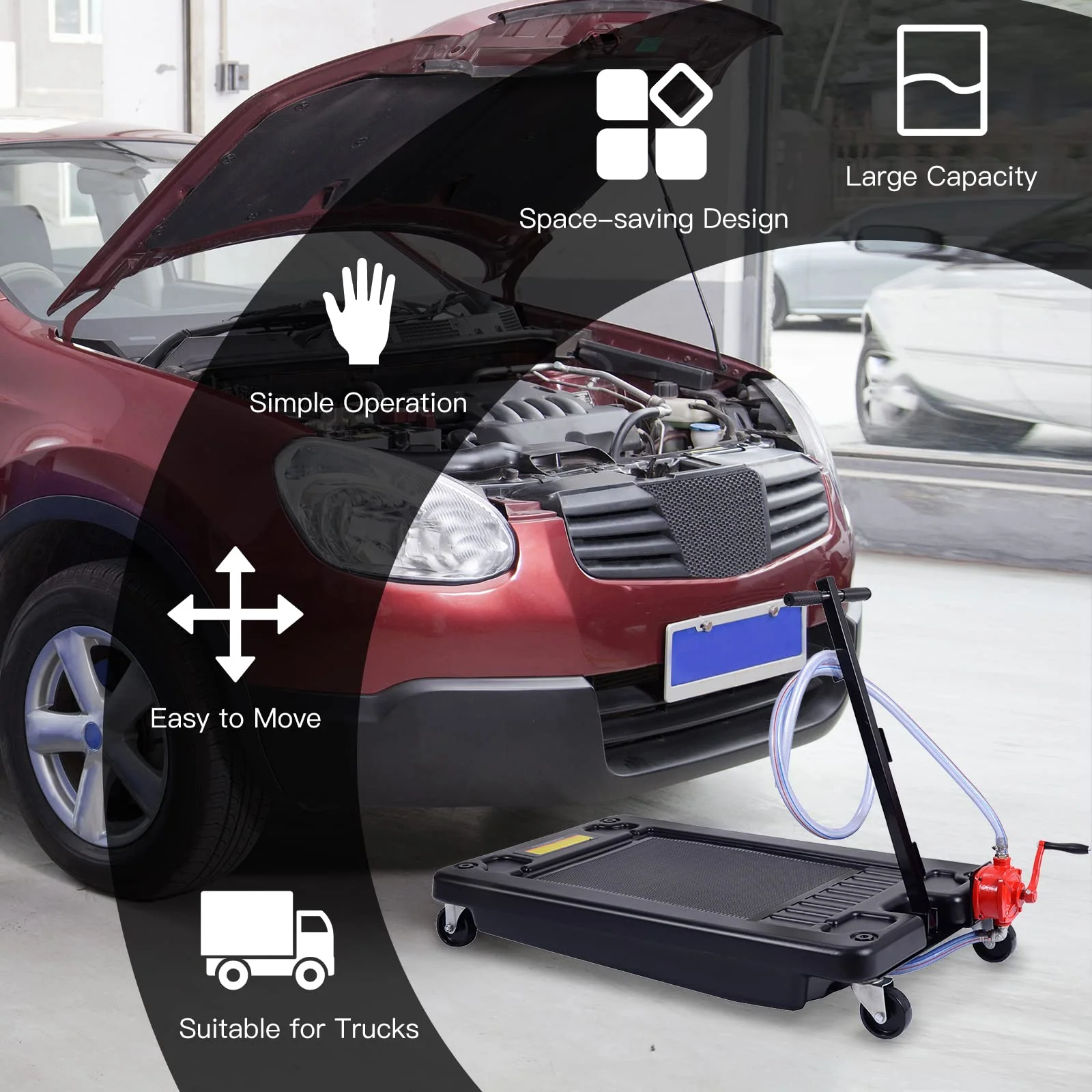 Goplus Portable Oil Drain Pan with Pump 17 Gallon Low Profile Oil Change Pan for Truck Car with 8' Hose - Image 3