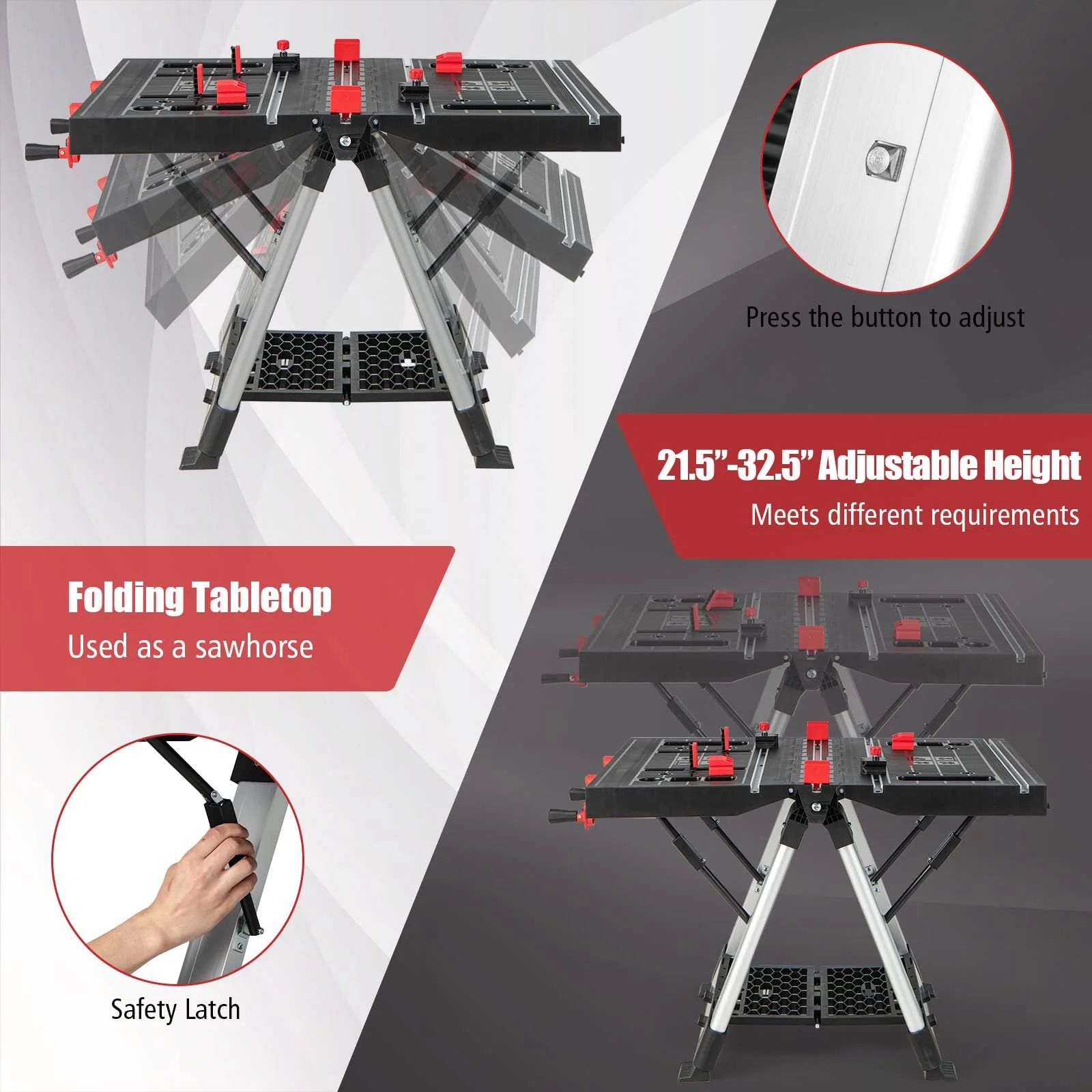 Goplus Portable Workbench, Folding Work Table & Sawhorse with Adjustable Height, 440LBS Capacity - Image 3