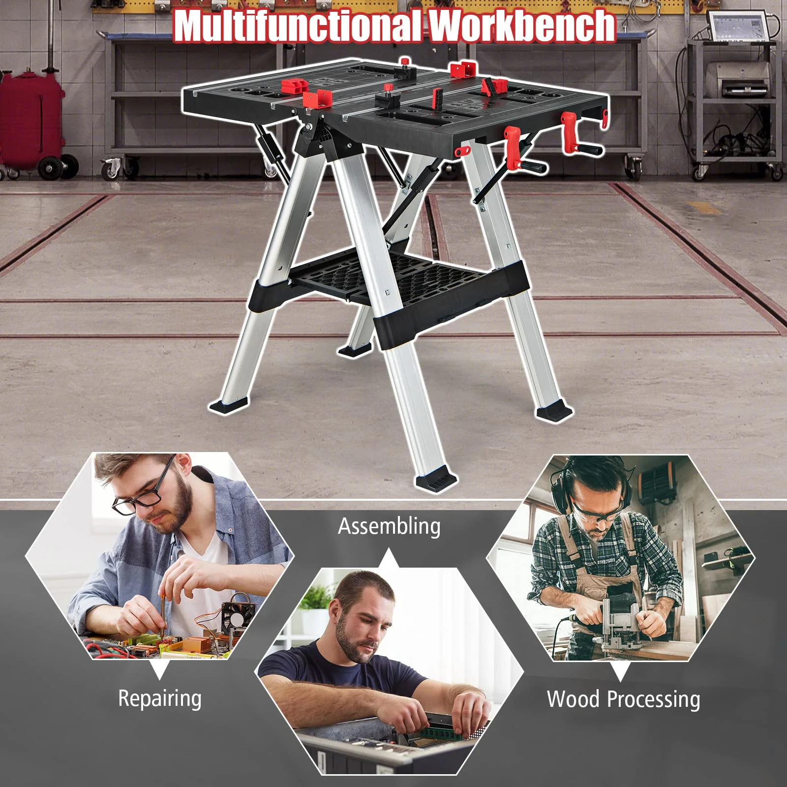 Goplus Portable Workbench, Folding Work Table & Sawhorse with Adjustable Height, 440LBS Capacity - Image 5