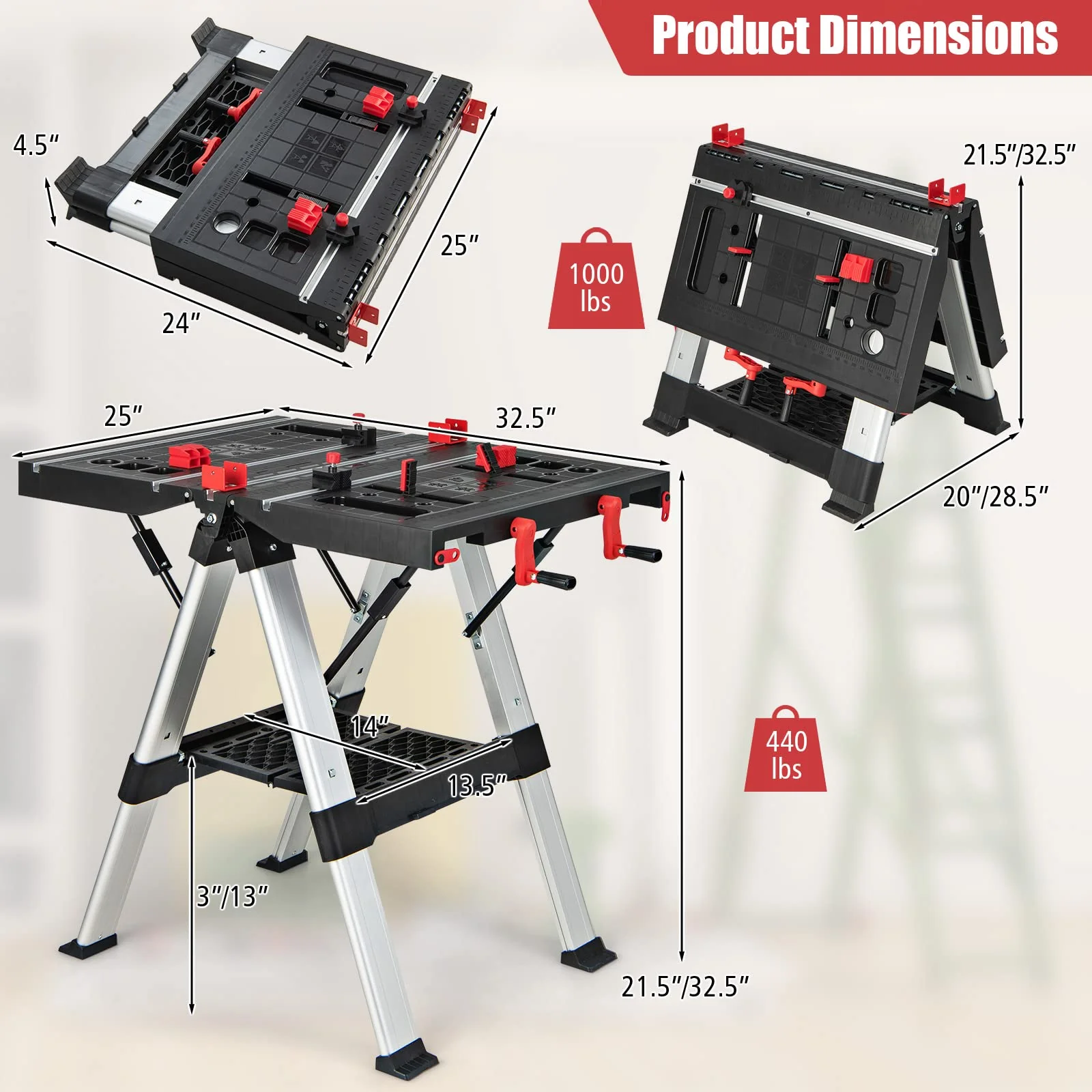 Goplus Portable Workbench, Folding Work Table & Sawhorse with Adjustable Height, 440LBS Capacity - Image 7