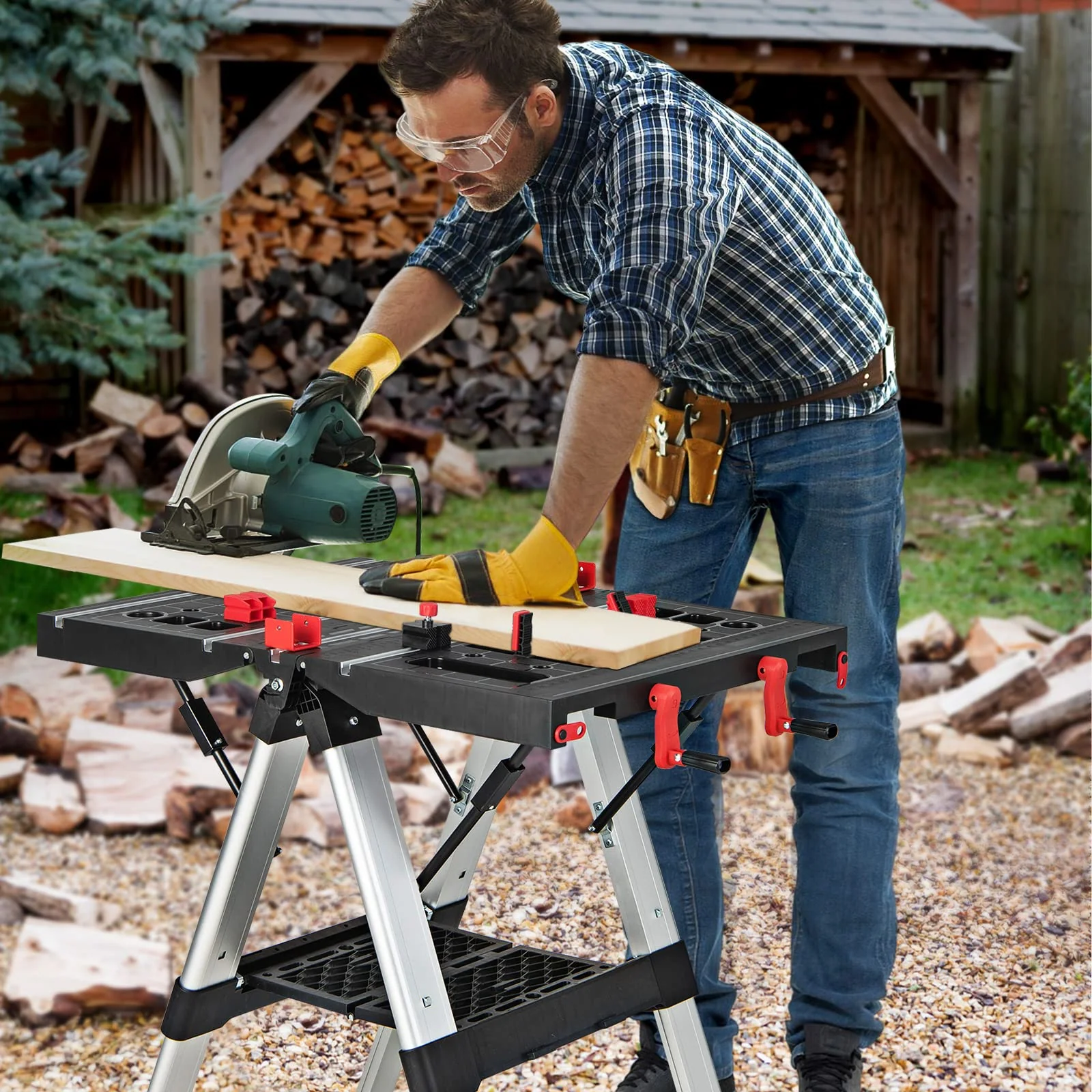 Goplus Portable Workbench, Folding Work Table & Sawhorse with Adjustable Height, 440LBS Capacity - Image 8