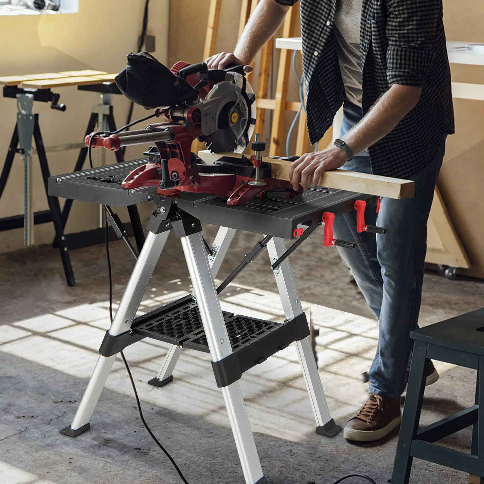 Goplus Portable Workbench, Folding Work Table & Sawhorse with Adjustable Height, 440LBS Capacity - Image 9