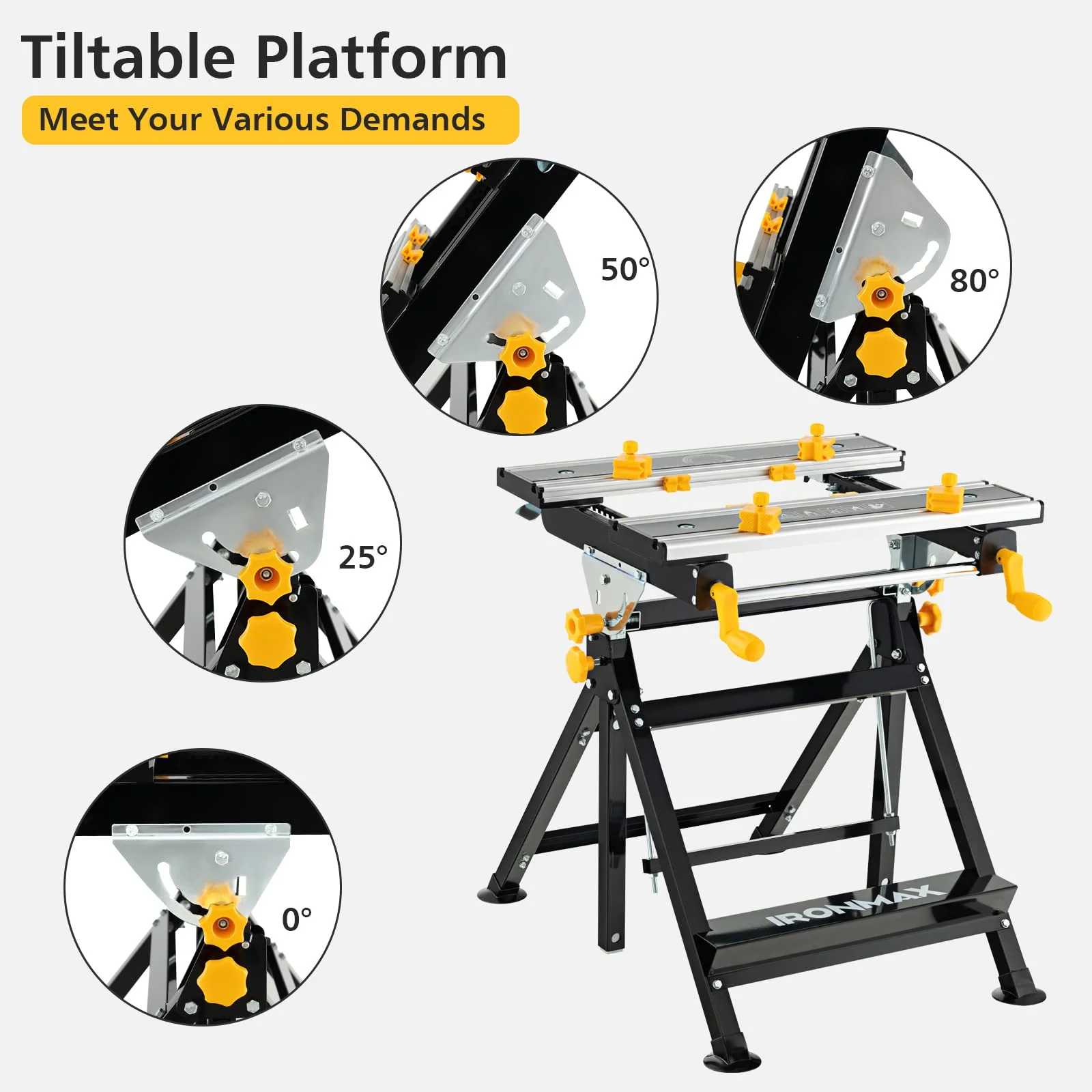 Goplus Portable Workbench, Folding Work Table w/Tiltable Platform, 7-Level Adjustable Height,8 Sliding Clamps - Image 4