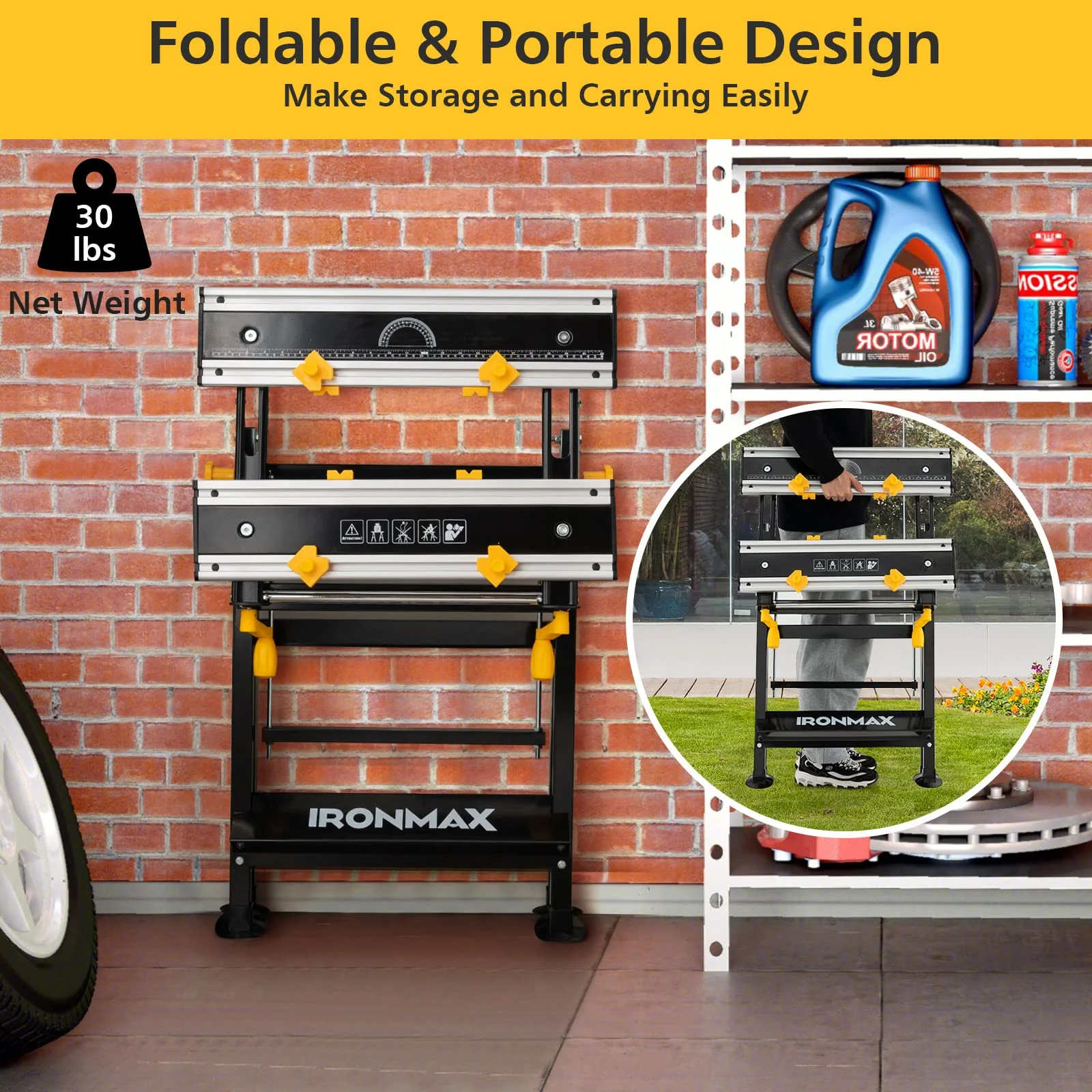 Goplus Portable Workbench, Folding Work Table w/Tiltable Platform, 7-Level Adjustable Height,8 Sliding Clamps - Image 5