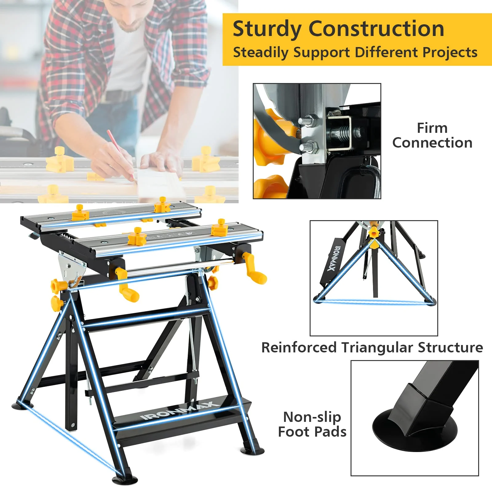 Goplus Portable Workbench, Folding Work Table w/Tiltable Platform, 7-Level Adjustable Height,8 Sliding Clamps - Image 6