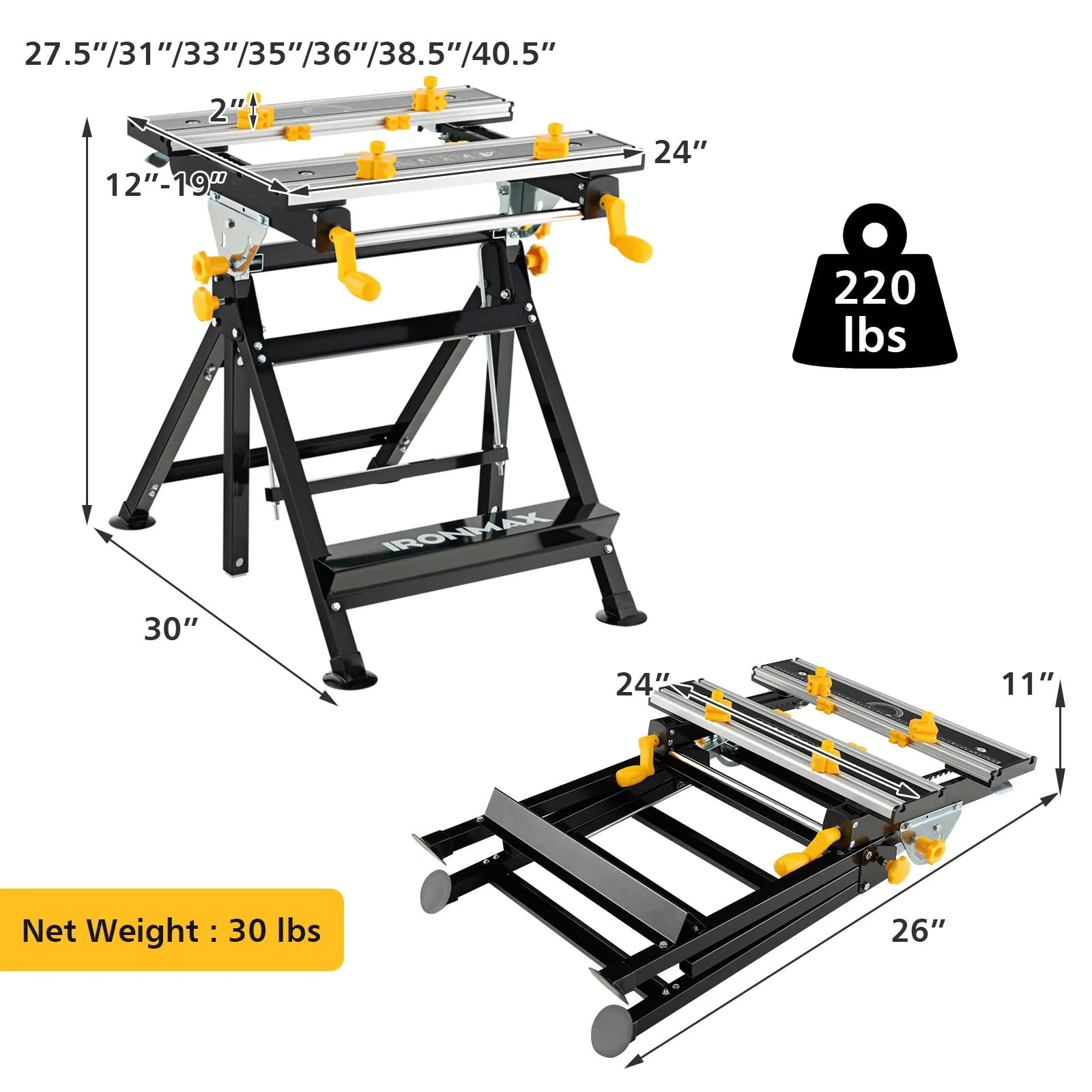 Goplus Portable Workbench, Folding Work Table w/Tiltable Platform, 7-Level Adjustable Height,8 Sliding Clamps - Image 8