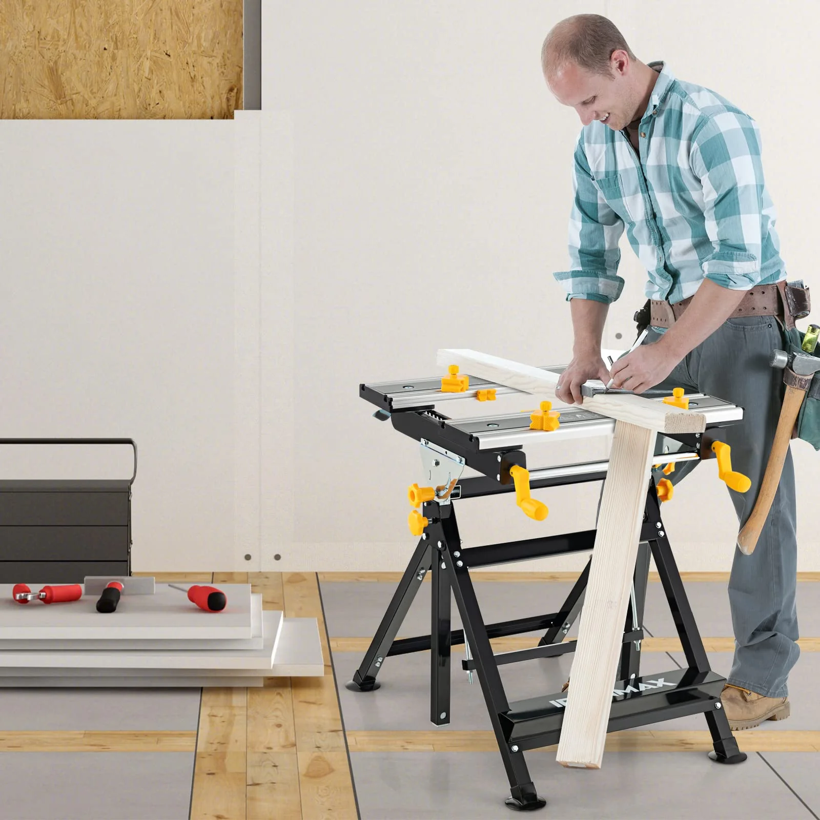 Goplus Portable Workbench, Folding Work Table w/Tiltable Platform, 7-Level Adjustable Height,8 Sliding Clamps - Image 9