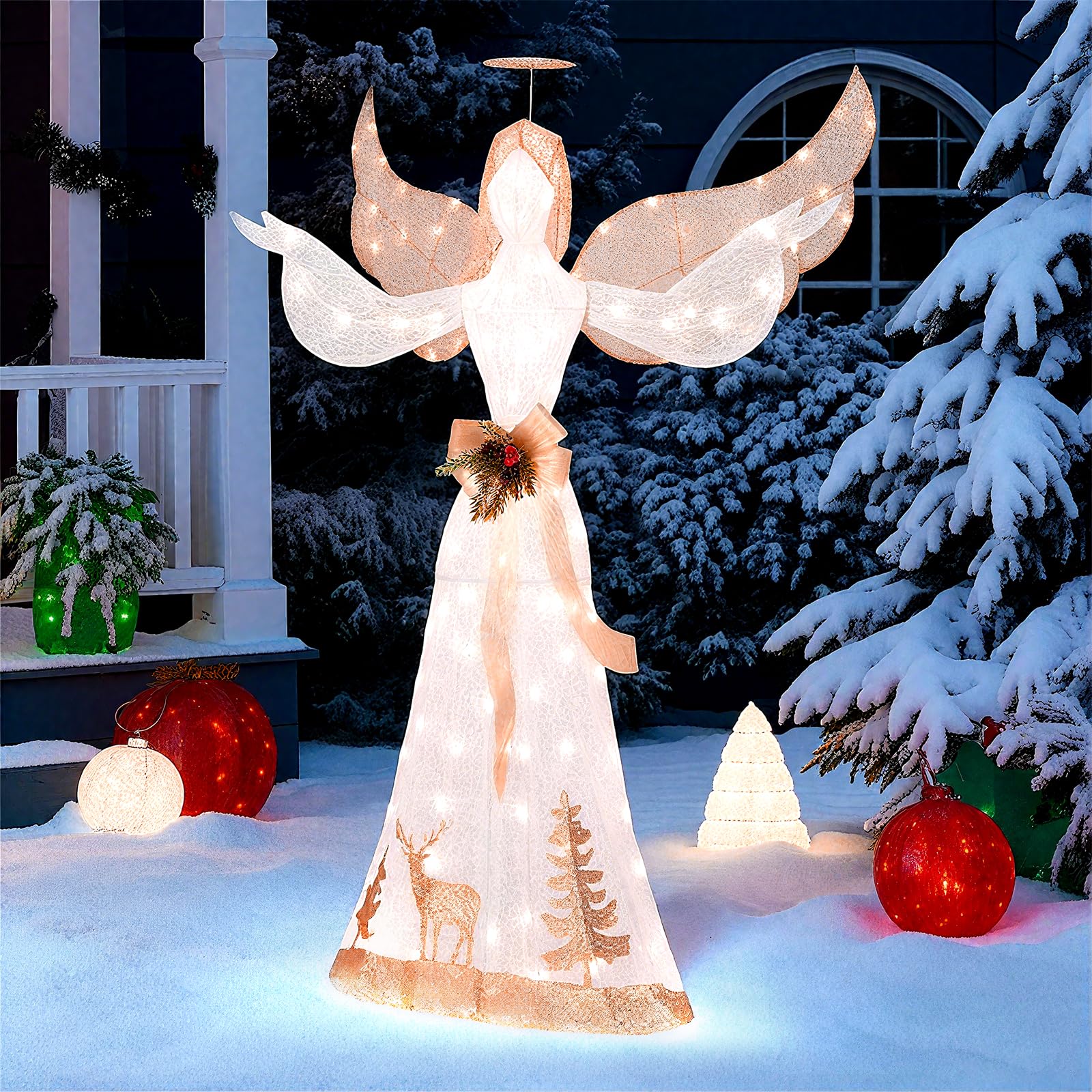 Goplus Pre-lit 3D Glittered Angel with 100 Warm White Lights Halo Bow Ground Stakes - Image 2