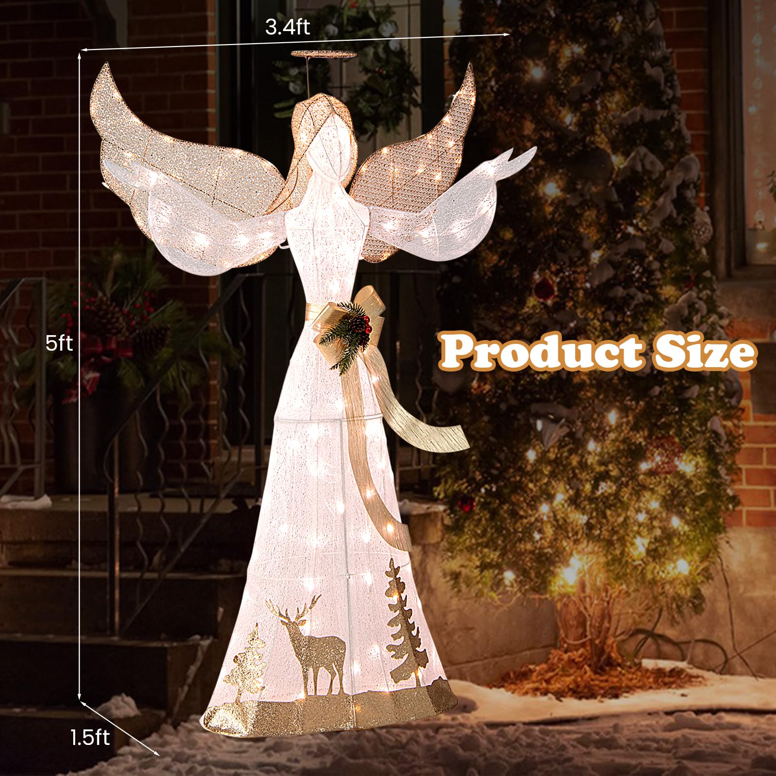 Goplus Pre-lit 3D Glittered Angel with 100 Warm White Lights Halo Bow Ground Stakes - Image 3