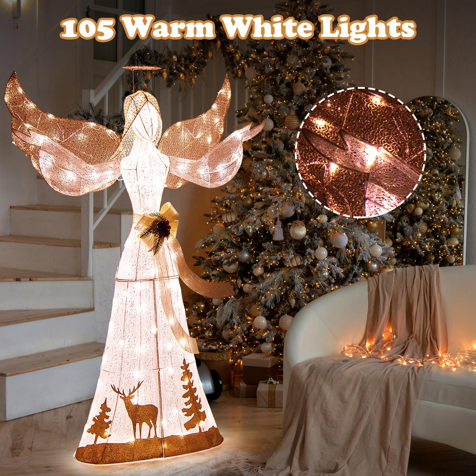 Goplus Pre-lit 3D Glittered Angel with 100 Warm White Lights Halo Bow Ground Stakes - Image 4