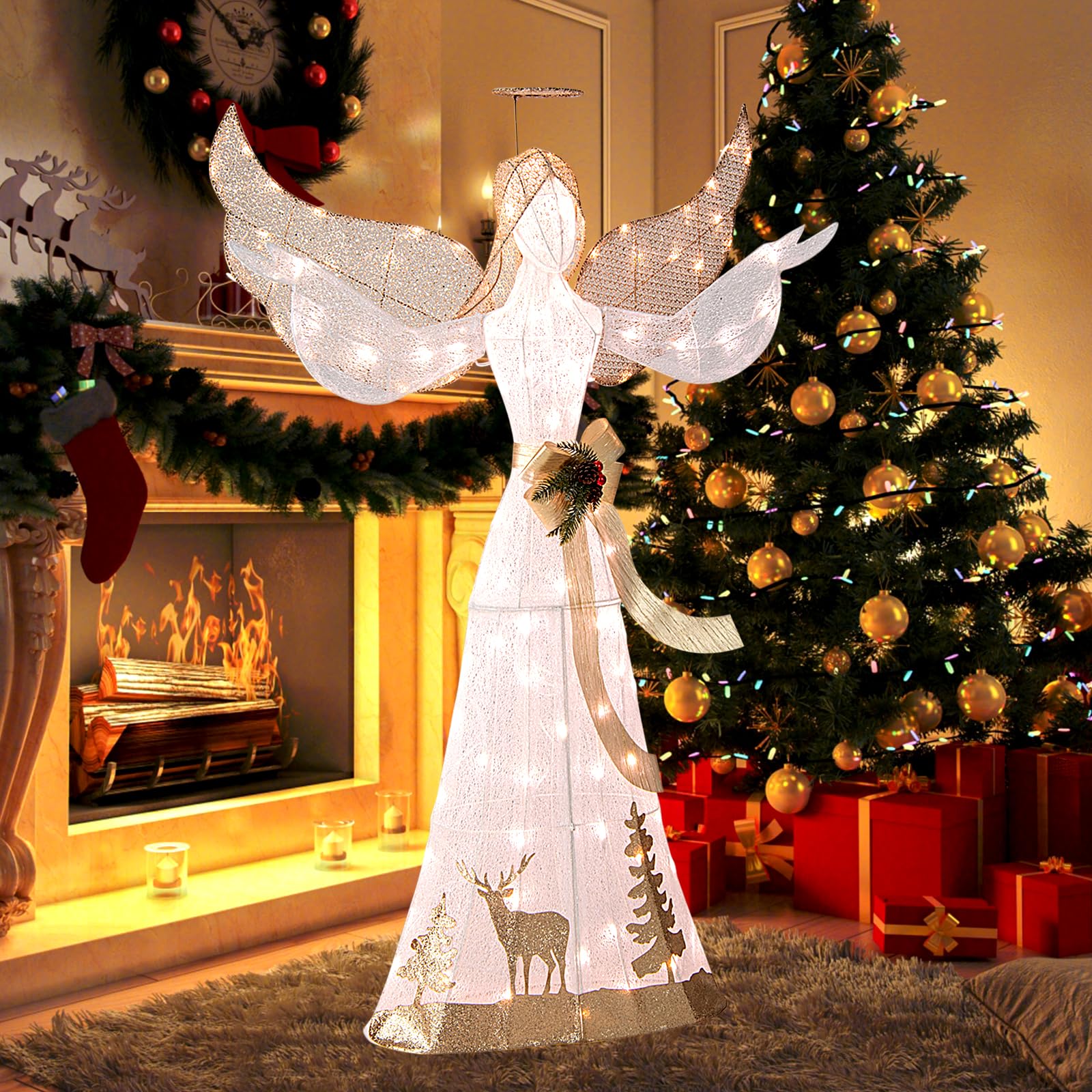Goplus Pre-lit 3D Glittered Angel with 100 Warm White Lights Halo Bow Ground Stakes - Image 9