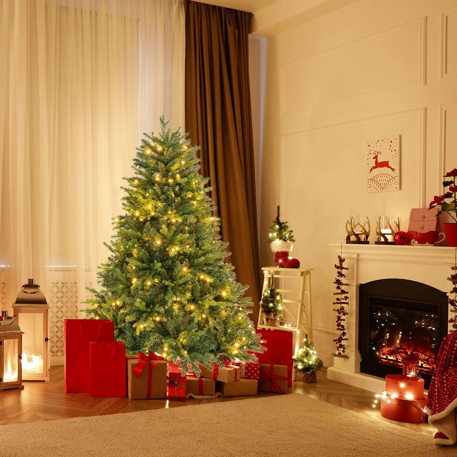 Goplus Pre-Lit Artificial Christmas Tree, Hinged Xmas Tree with Warm-White & Multi-Color LED Lights - Image 2
