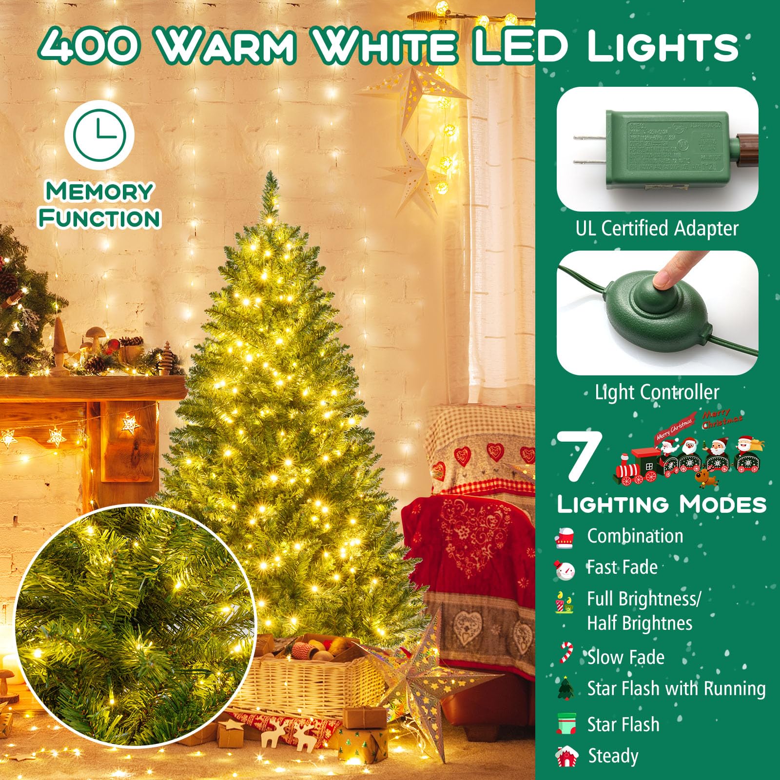 Goplus Pre-Lit Artificial Christmas Tree with 7 Lighting Modes & Folding Metal Stand - Image 2