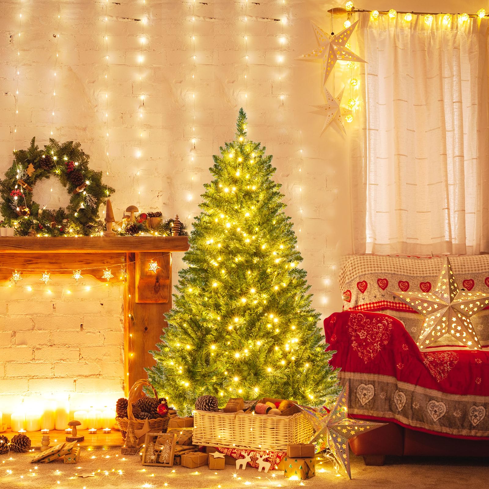 Goplus Pre-Lit Artificial Christmas Tree with 7 Lighting Modes & Folding Metal Stand - Image 9