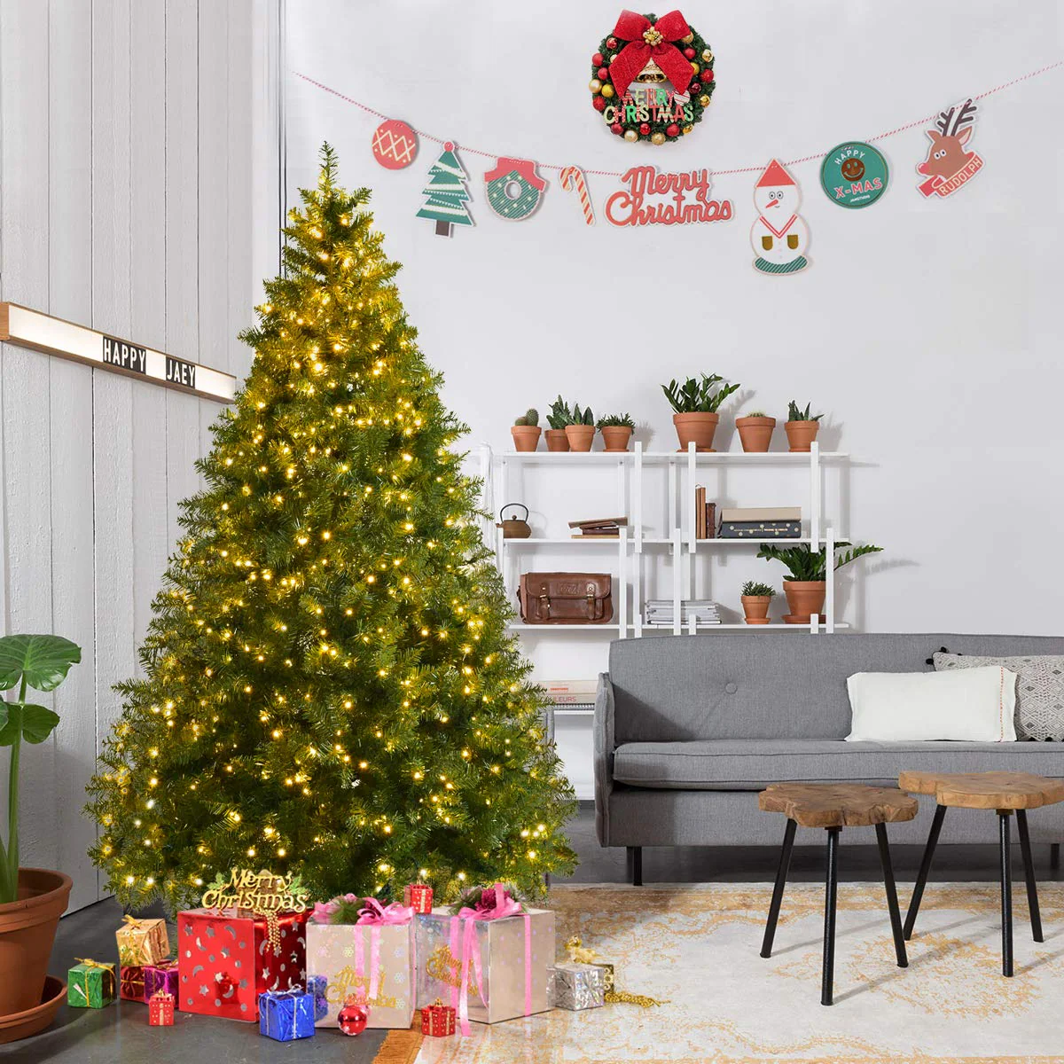 Goplus Pre-Lit Christmas Tree Artificial PVC Spruce Hinged with 560 LED Lights and Solid Metal Legs - Image 3