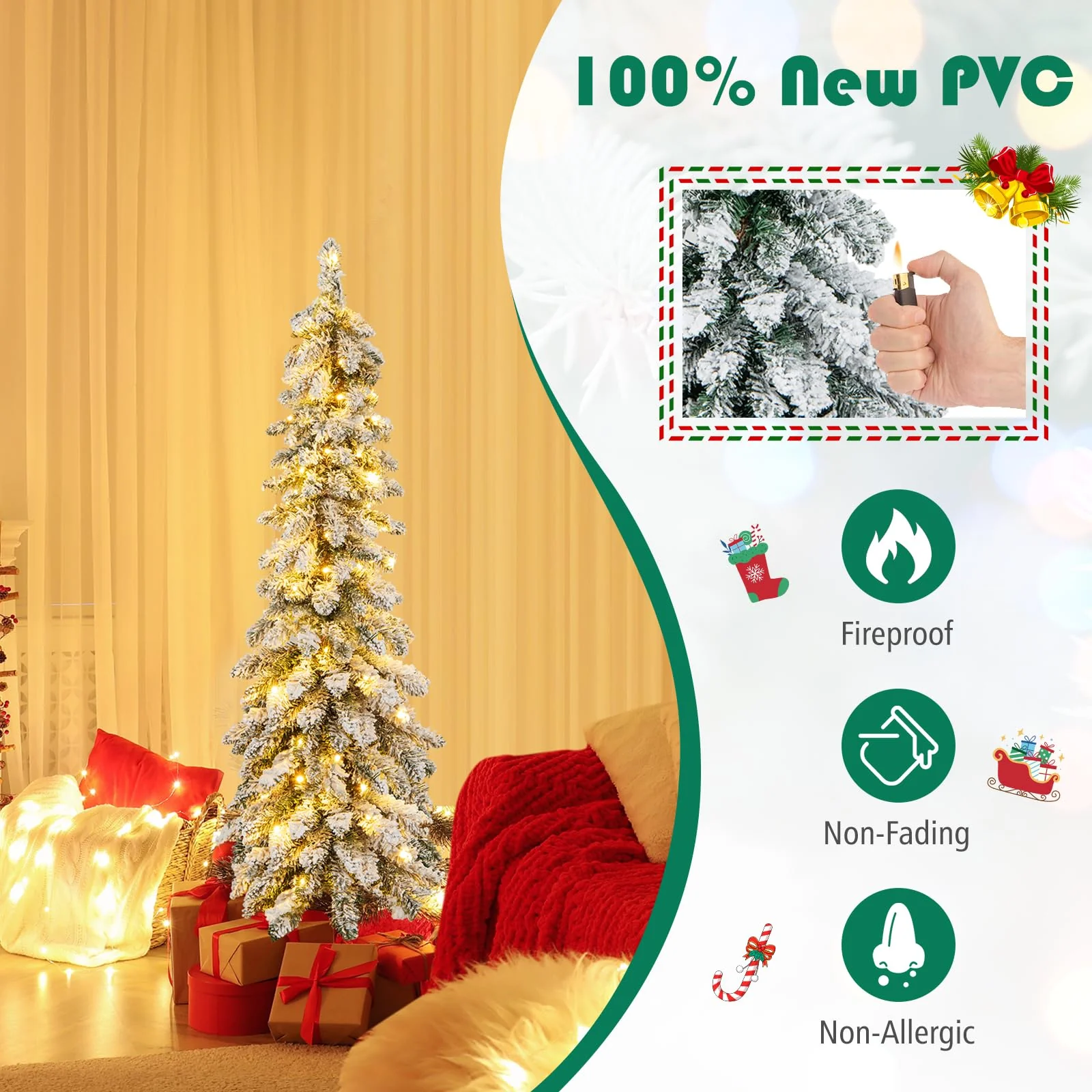 Goplus Pre-Lit Flocked Pencil Christmas Tree Artificial Slim Xmas Tree - Image 3