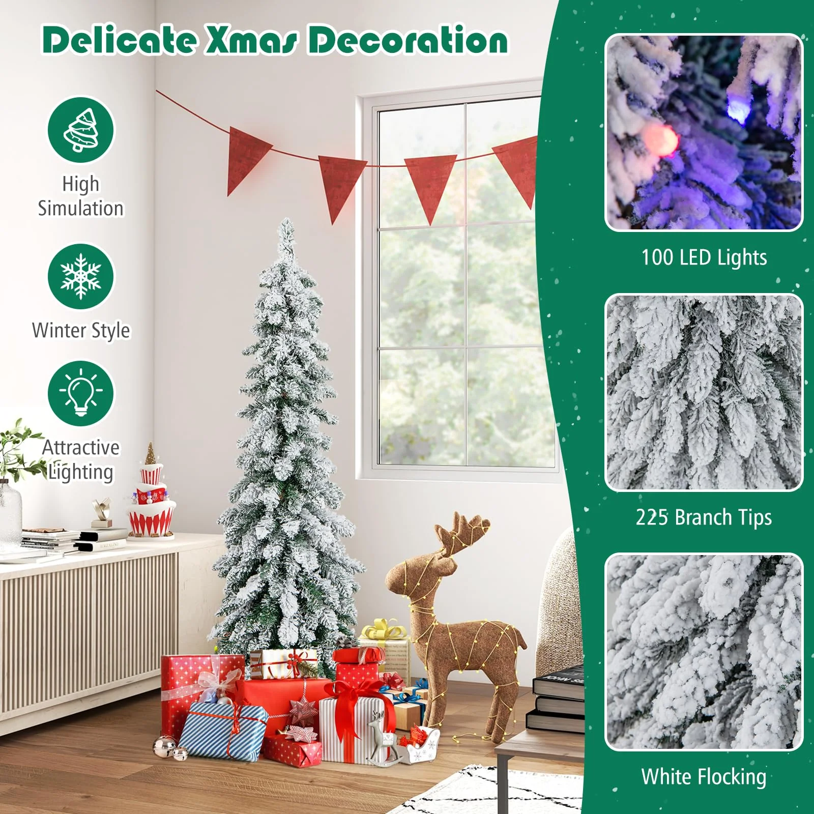 Goplus Pre-Lit Flocked Pencil Christmas Tree Artificial Slim Xmas Tree - Image 4