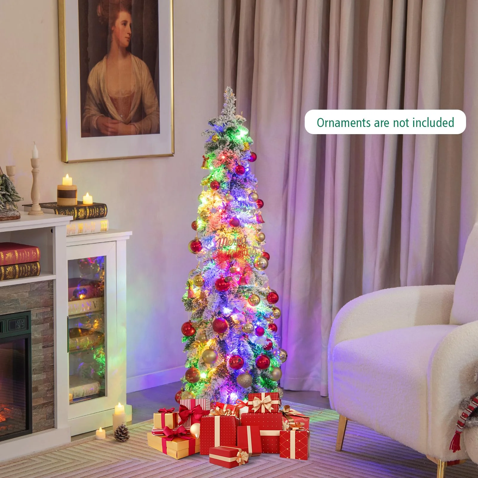 Goplus Pre-Lit Flocked Pencil Christmas Tree Artificial Slim Xmas Tree - Image 6