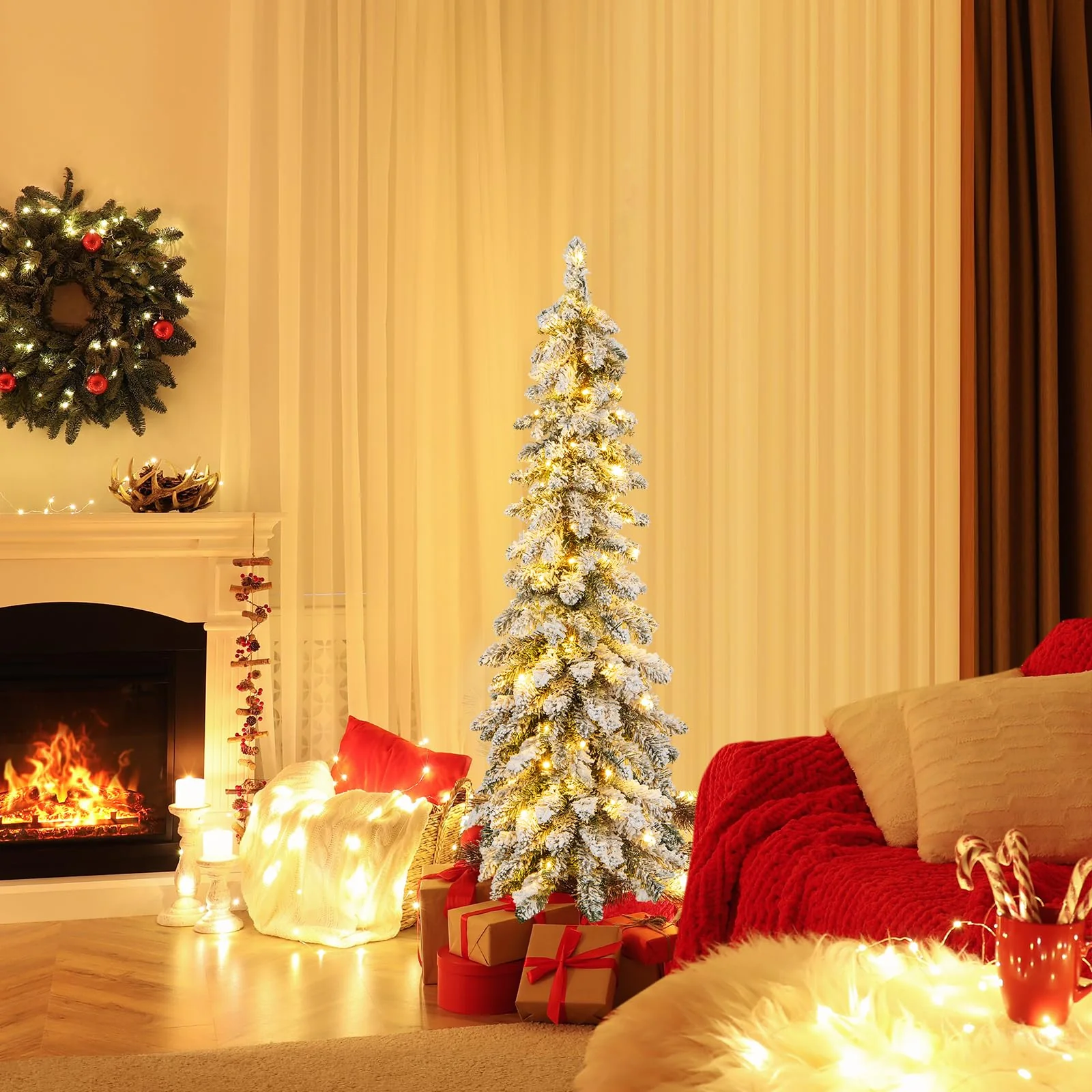 Goplus Pre-Lit Flocked Pencil Christmas Tree Artificial Slim Xmas Tree - Image 8