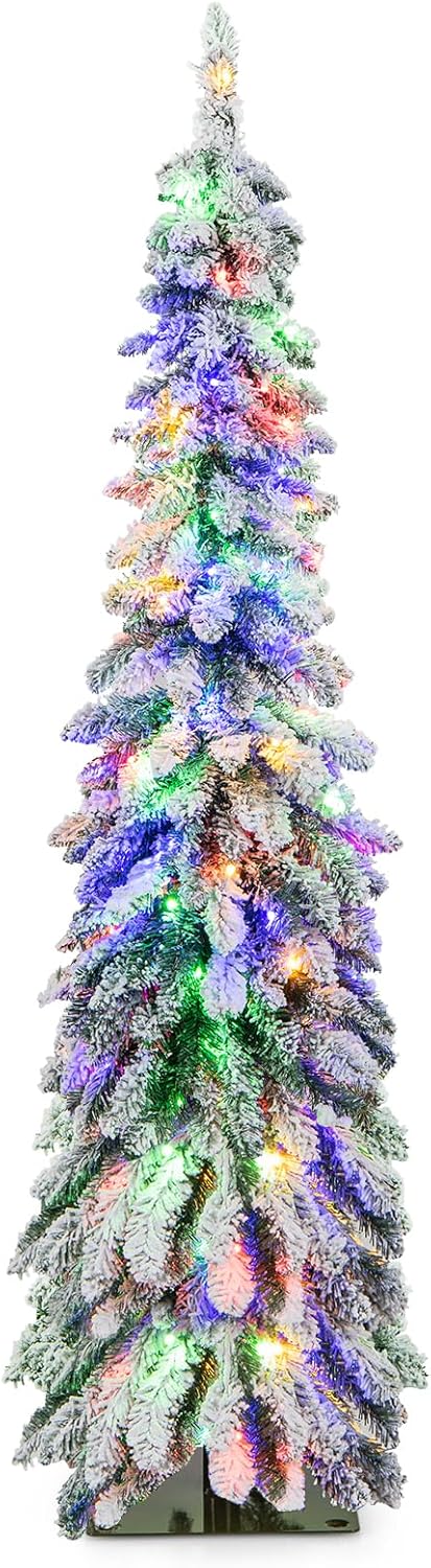 Goplus Pre-Lit Flocked Pencil Christmas Tree Artificial Slim Xmas Tree - Image 9