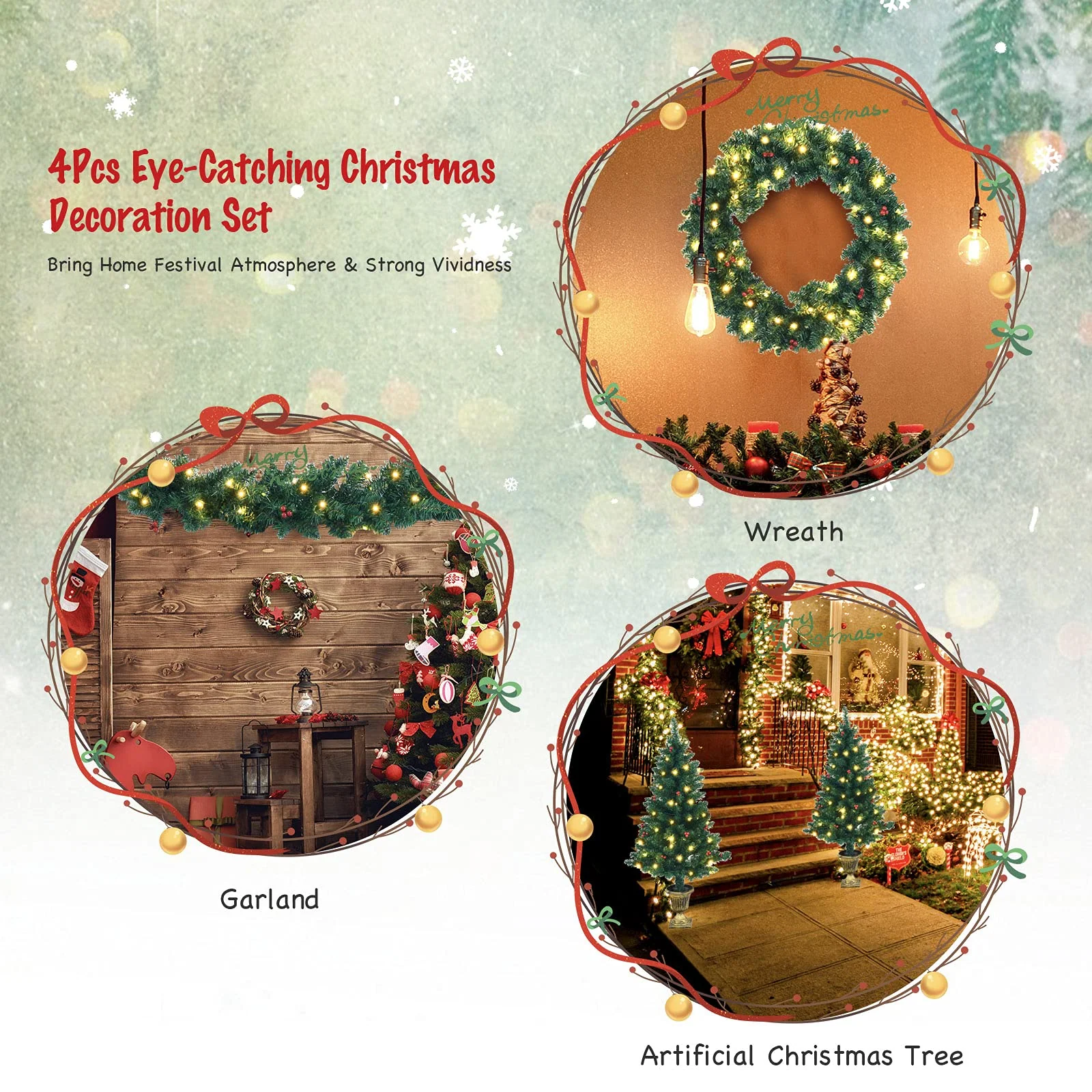 Goplus Pre-lit Holiday Christmas 4-Piece Set, Christmas Garland - Image 3