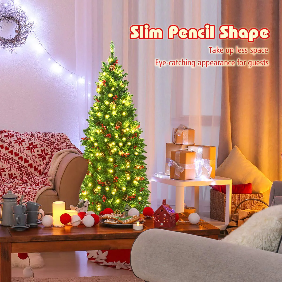 Goplus Pre-Lit Pencil Christmas Tree - Image 4