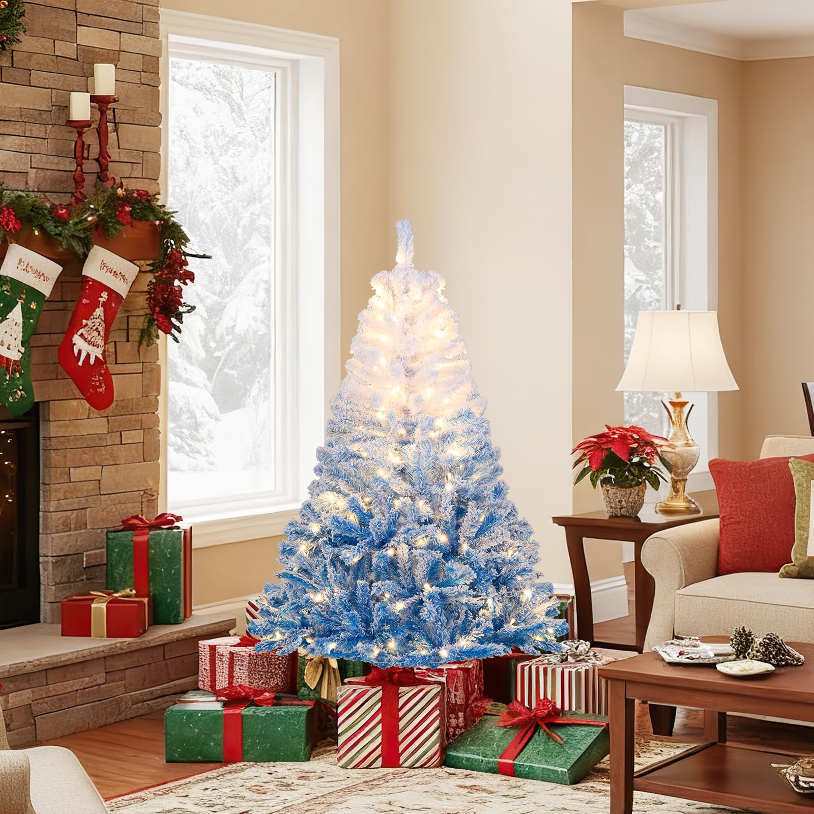 Goplus Pre-Lit Snow Flocked Christmas Tree | Artificial Hinged Xmas Full Tree - Image 11