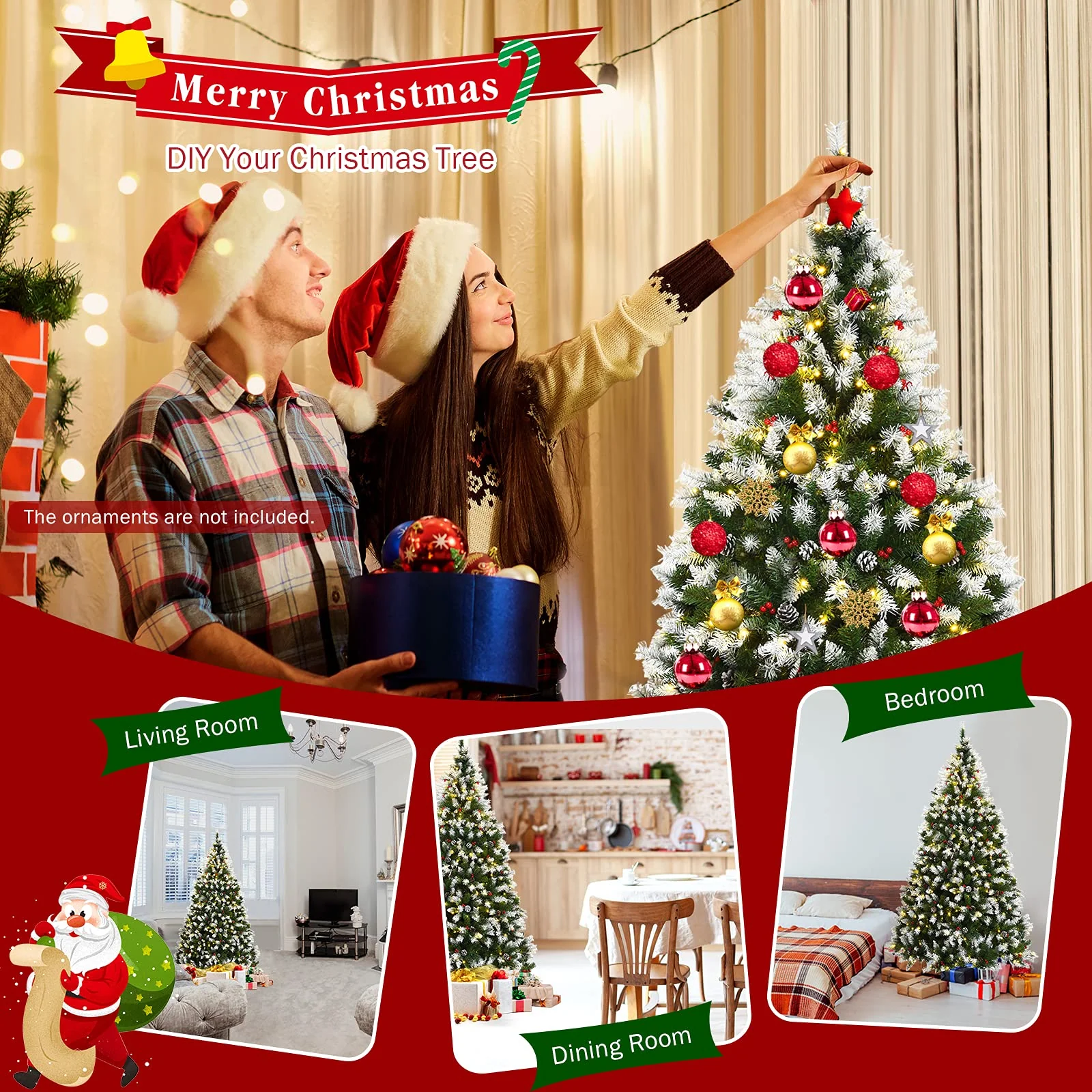 Goplus Pre-lit Snow Flocked Christmas Tree,Hinged Artificial Xmas Tree, Indoor Holiday Festival Decoration - Image 4
