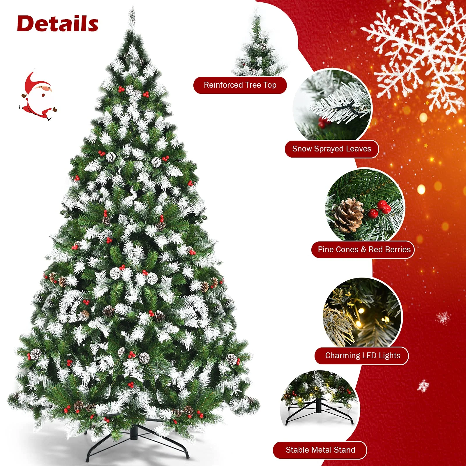 Goplus Pre-lit Snow Flocked Christmas Tree,Hinged Artificial Xmas Tree, Indoor Holiday Festival Decoration - Image 5