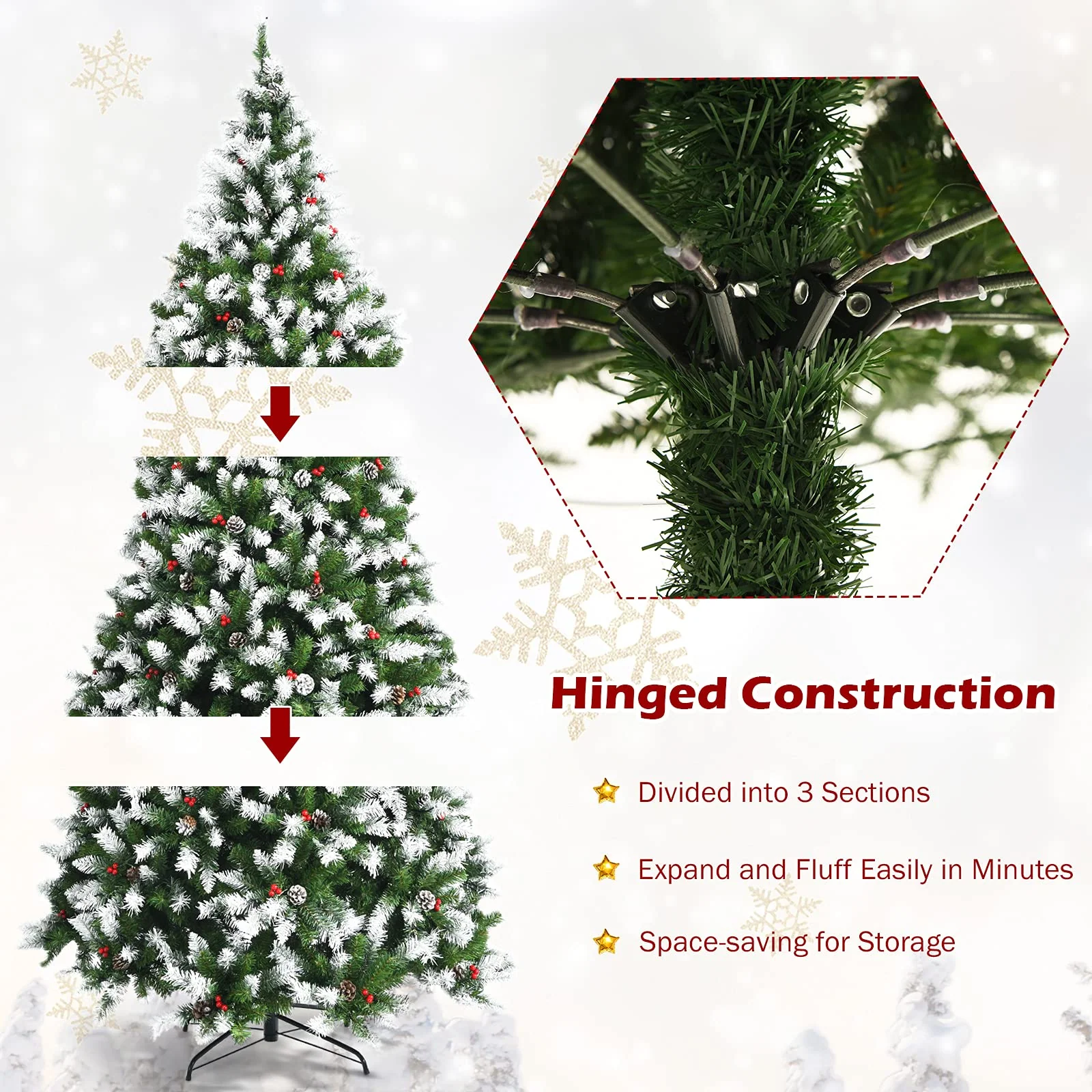 Goplus Pre-lit Snow Flocked Christmas Tree,Hinged Artificial Xmas Tree, Indoor Holiday Festival Decoration - Image 6